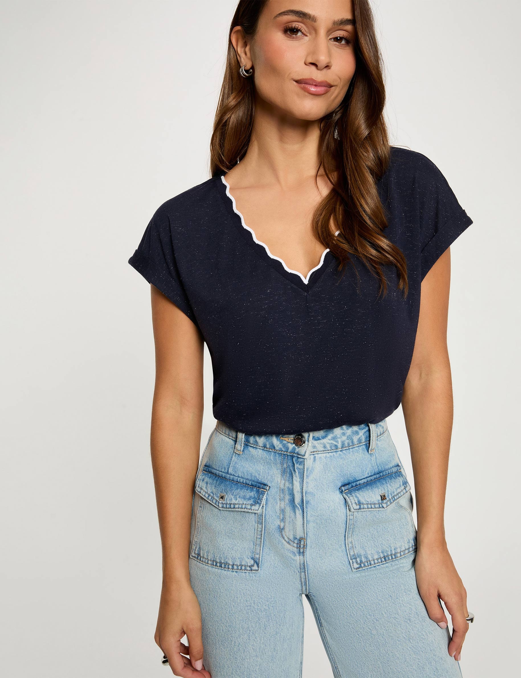 Camiseta cuello v manga corta azul marino mujer