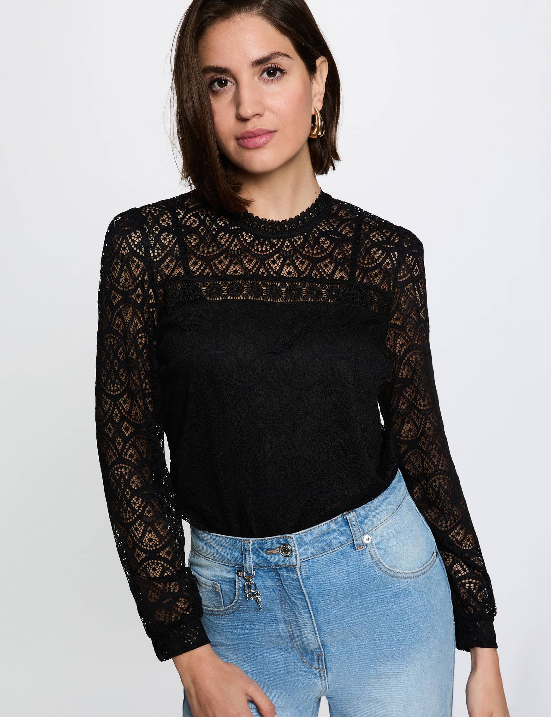 Camiseta de encaje manga larga negro mujer