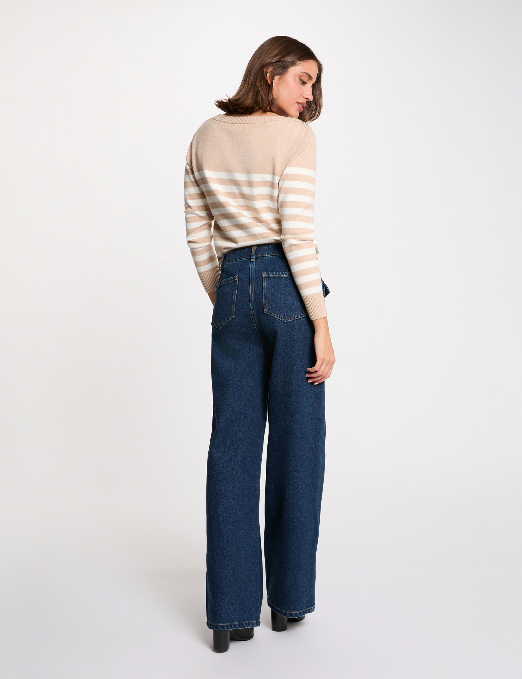 Jersey bordado a rayas marron clair mujer