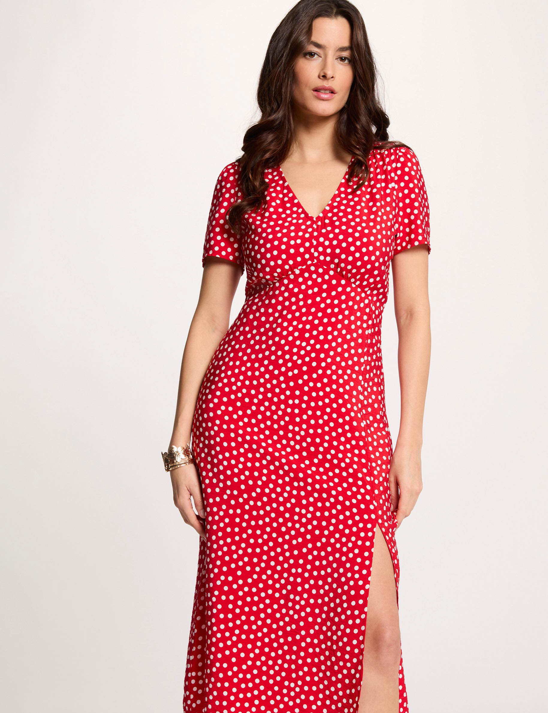 Vestido midi con cuello en V rojo mujer