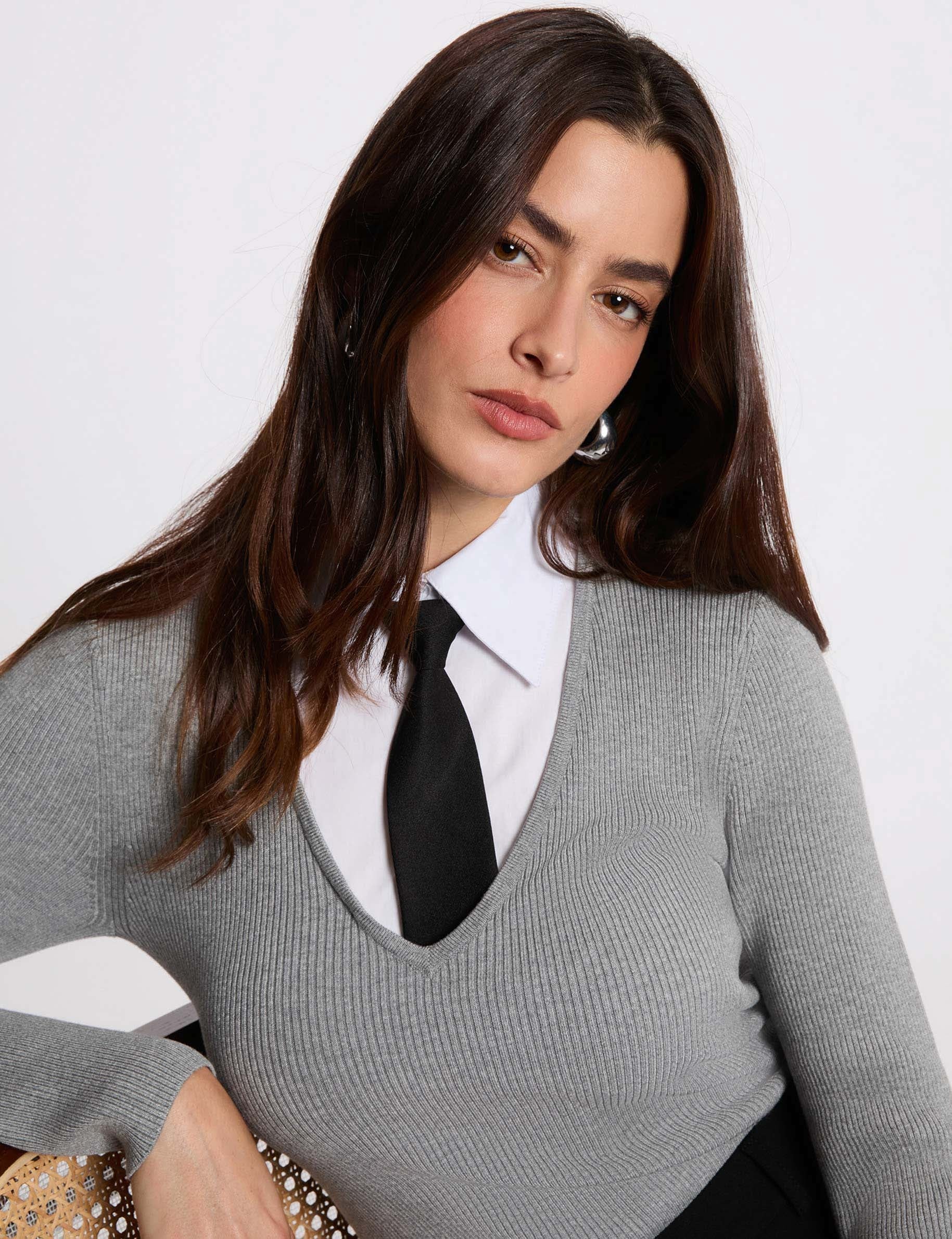 Jersey 2 en 1 con cuello vuelto gris claro mujer