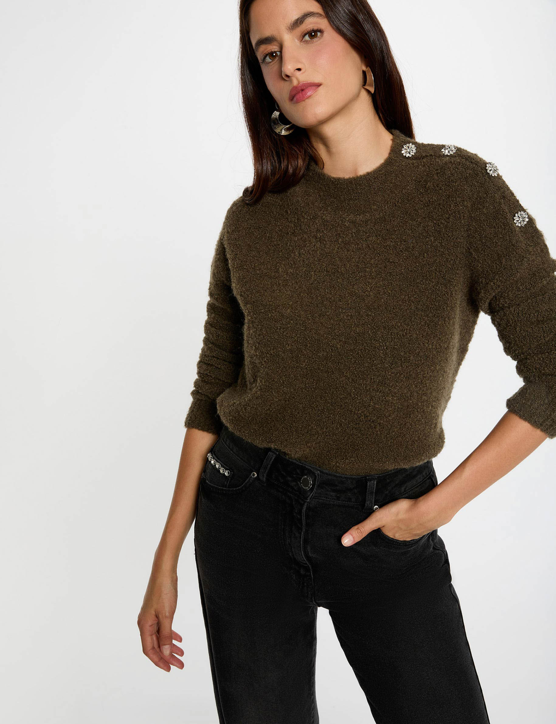 Jersey cuello alto y botones verde caqui mujer
