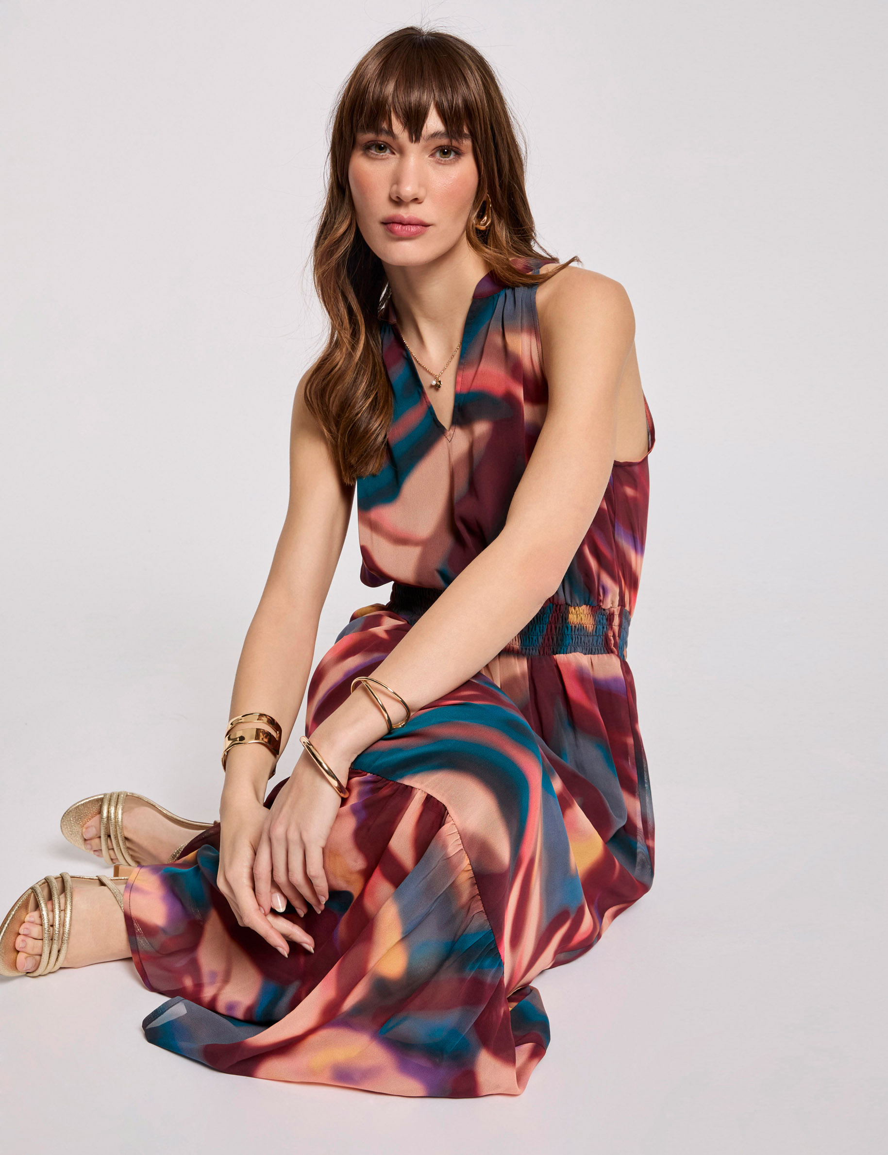 Vestido largo recto estampado multicolor mujer