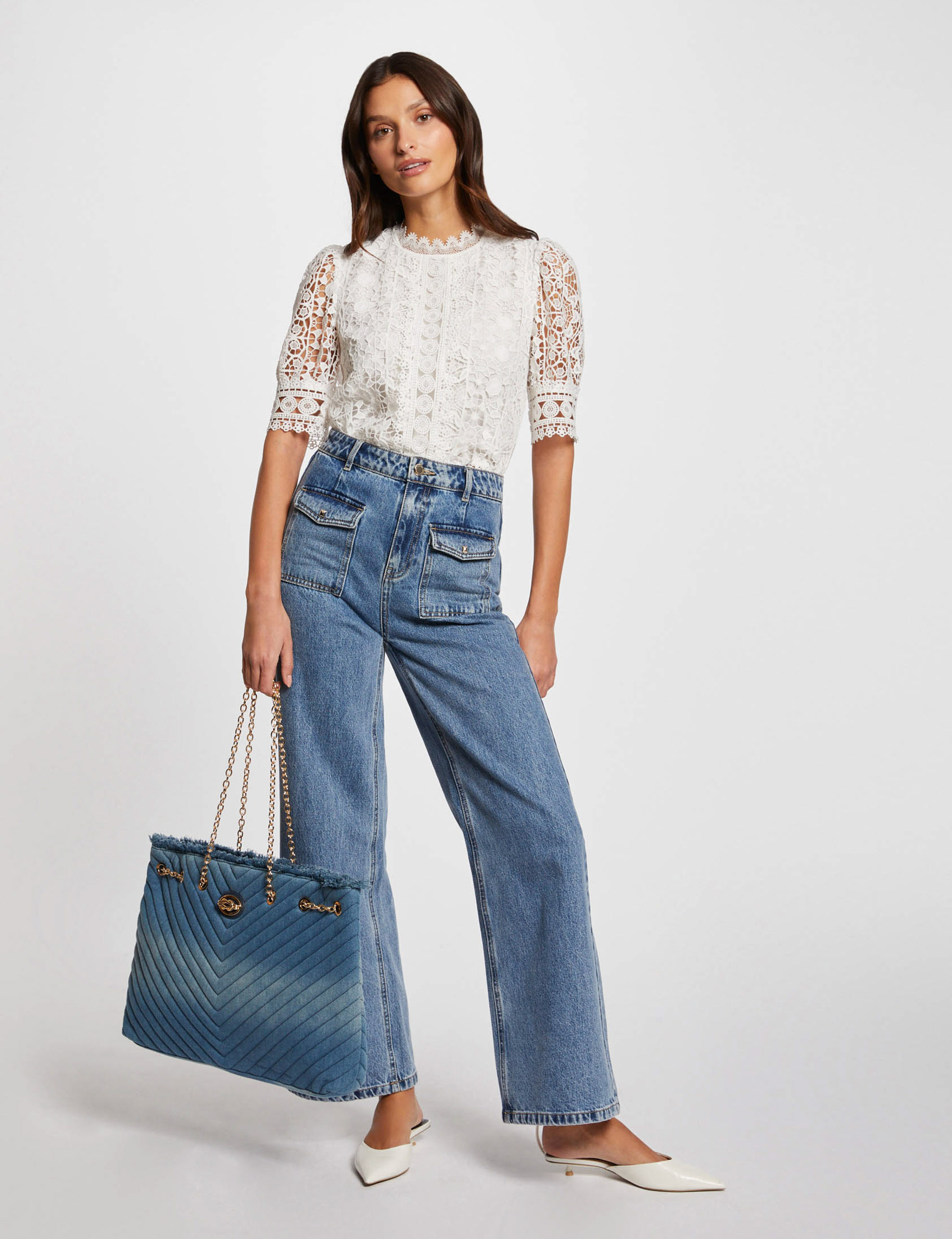blusa manga corta con encaje marfil mujer Blusa manga corta con encaje marfil mujer