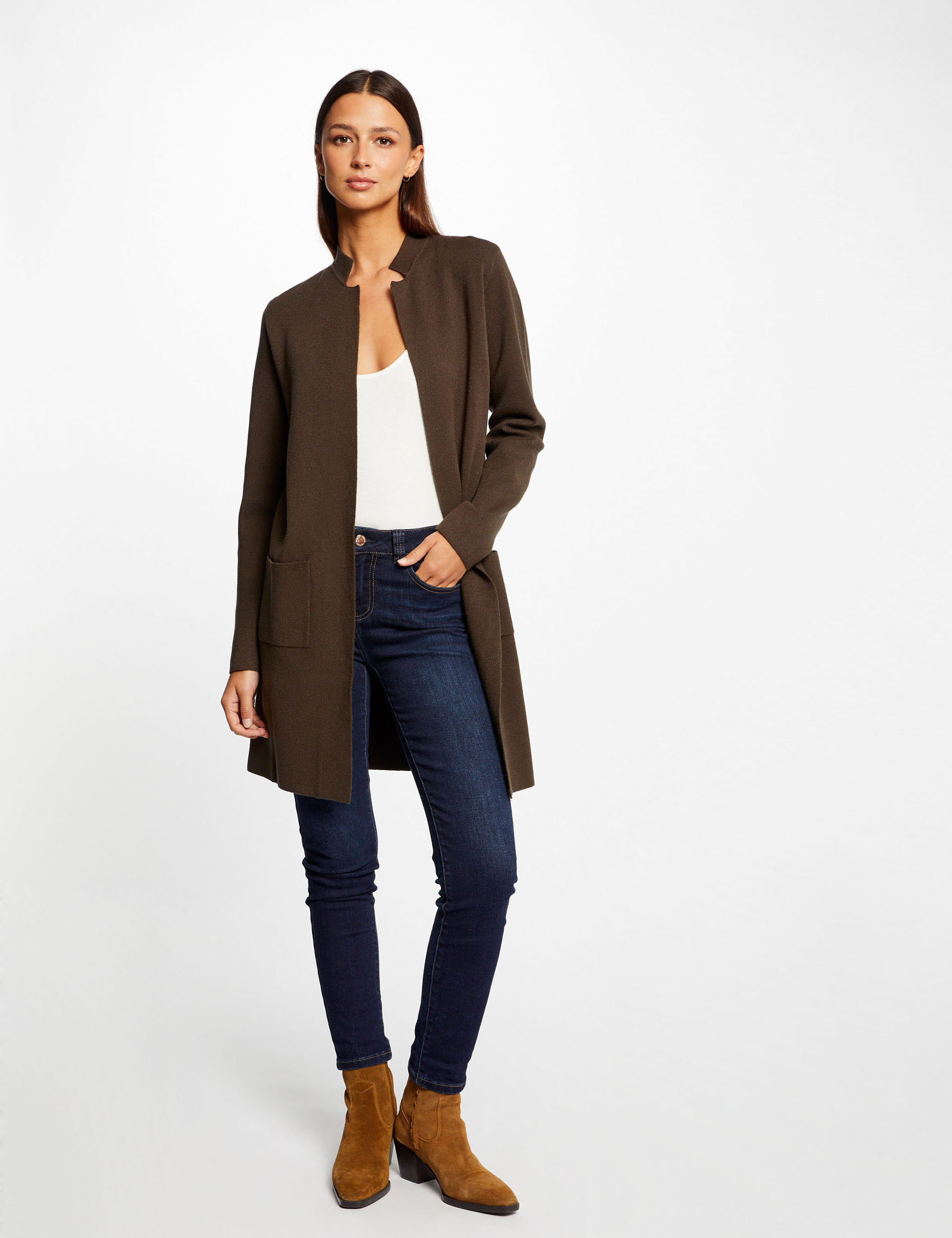 cardigan largo recto con cuello abierto verde oscuro mujer Cárdigan largo recto con cuello abierto verde oscuro mujer