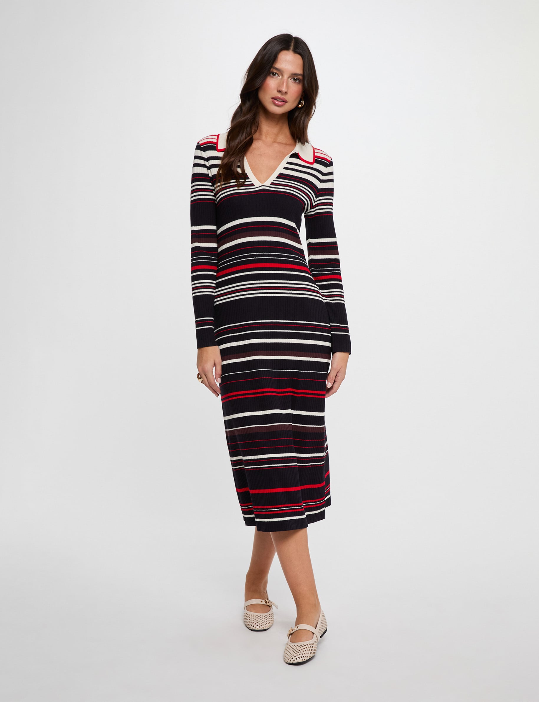 Vestido de punto rayado manga larga azul marino mujer