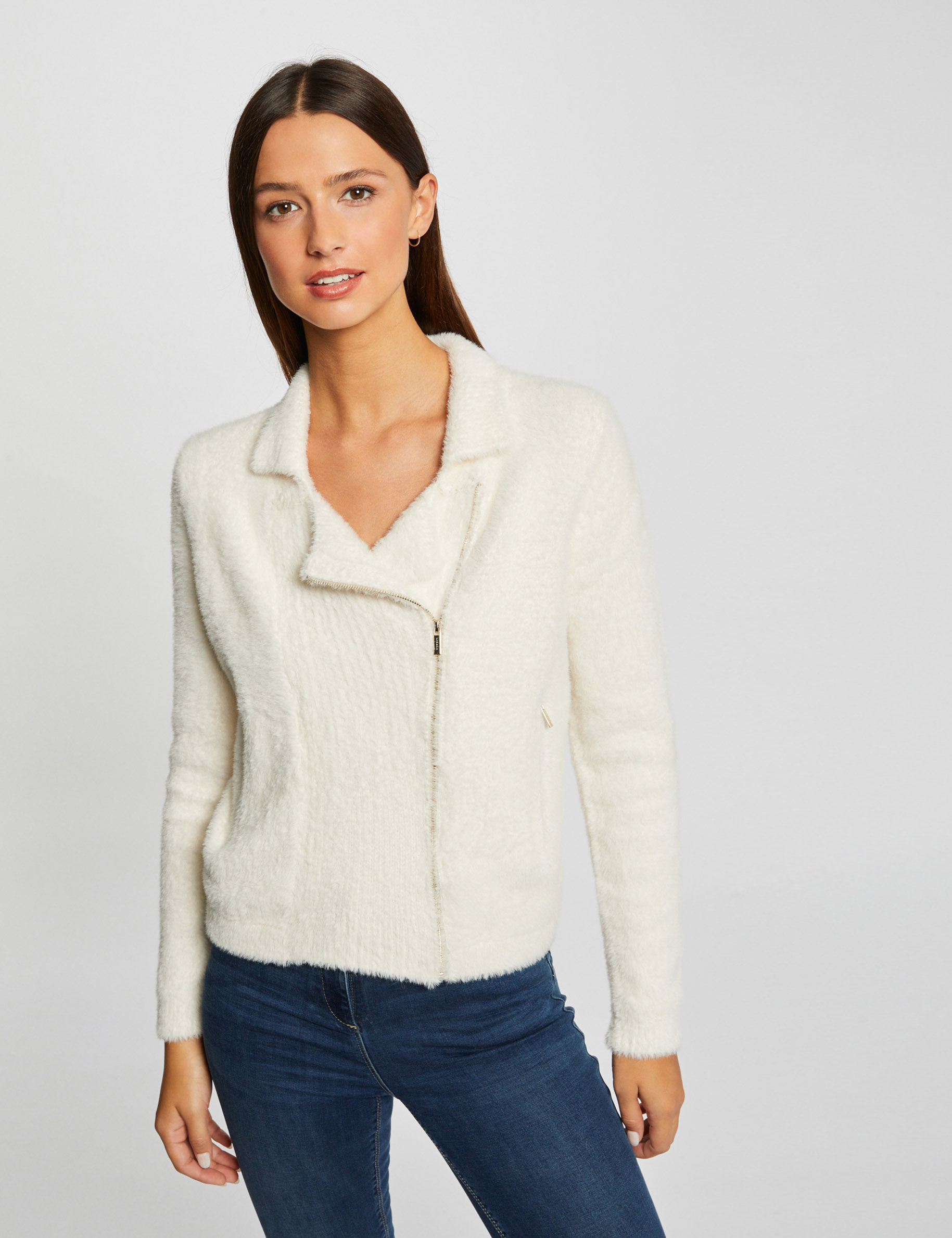cardigan con cremallera aterciopelado marfil mujer Cárdigan con cremallera aterciopelado marfil mujer