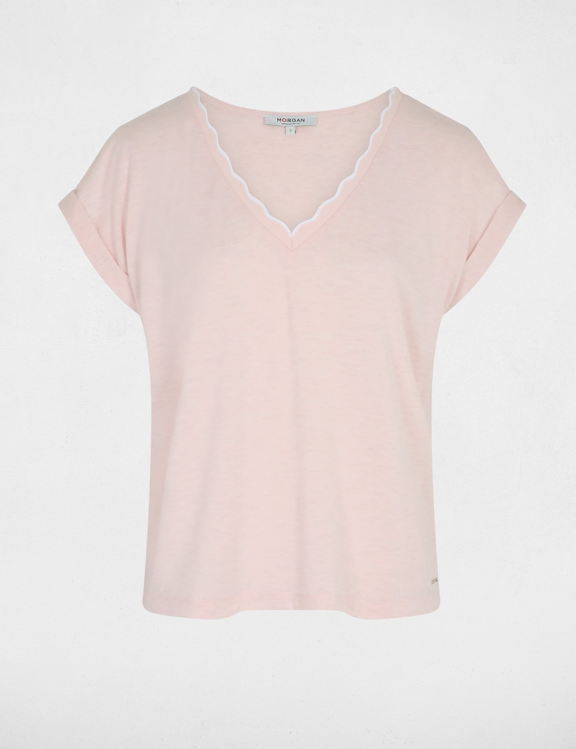 Camiseta cuello v manga corta rosa claro mujer