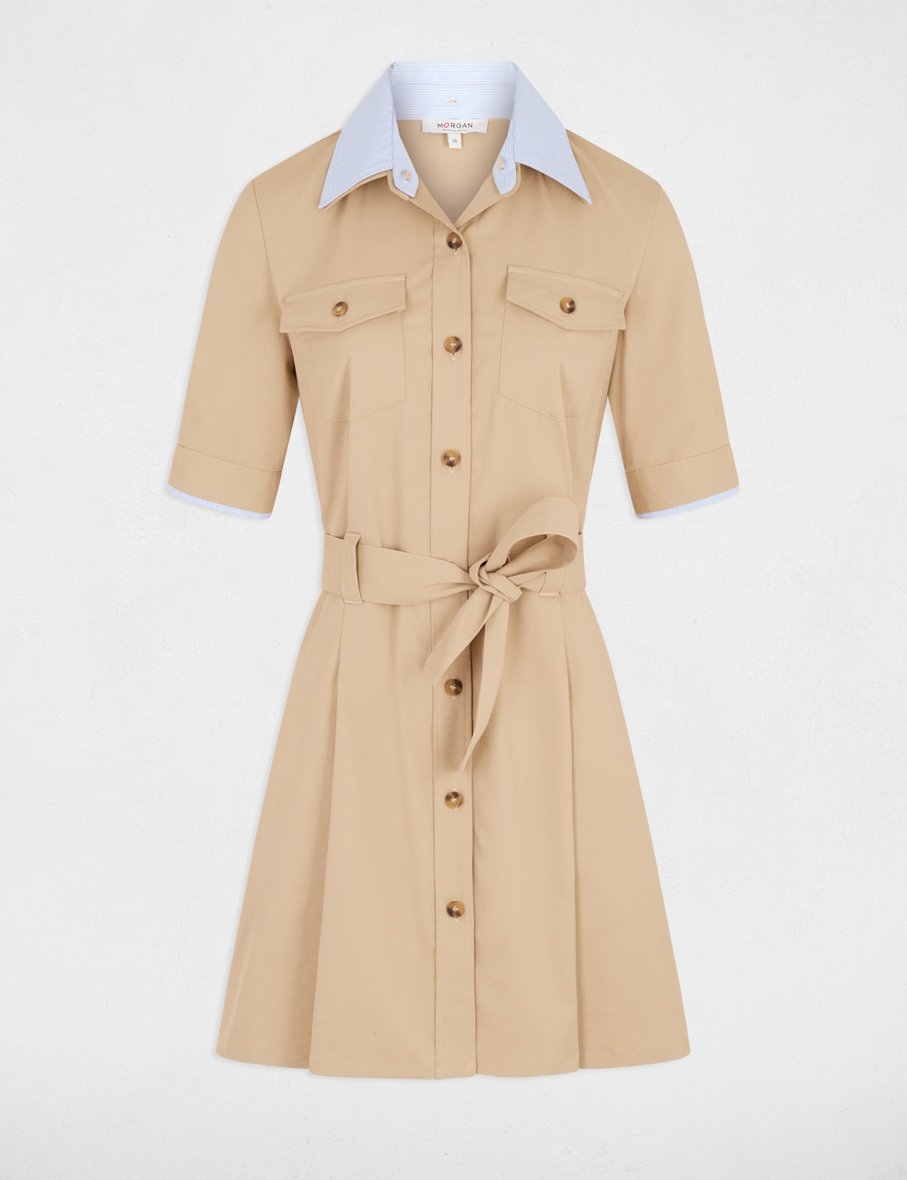 Vestido corto con cuello de solapa beige mujer