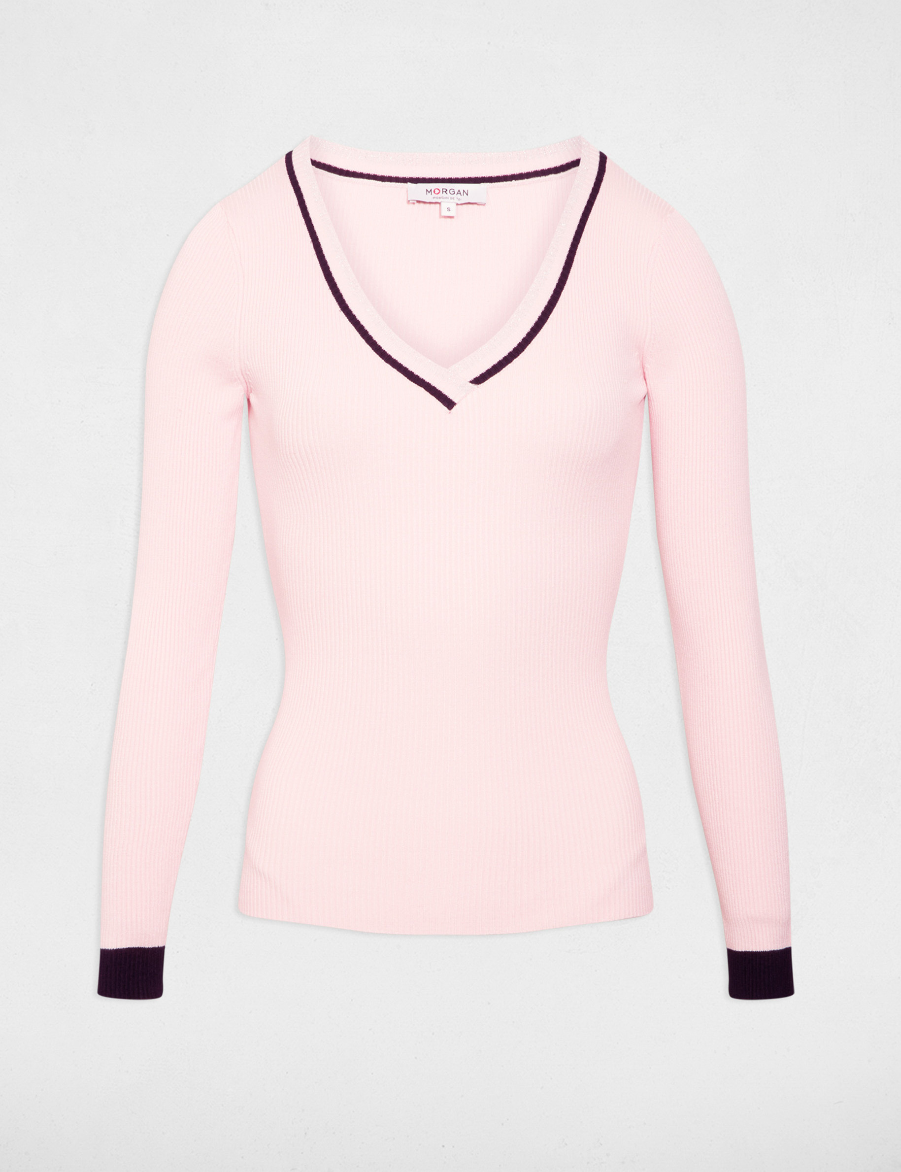 Jersey manga larga con escote en V rosa claro mujer