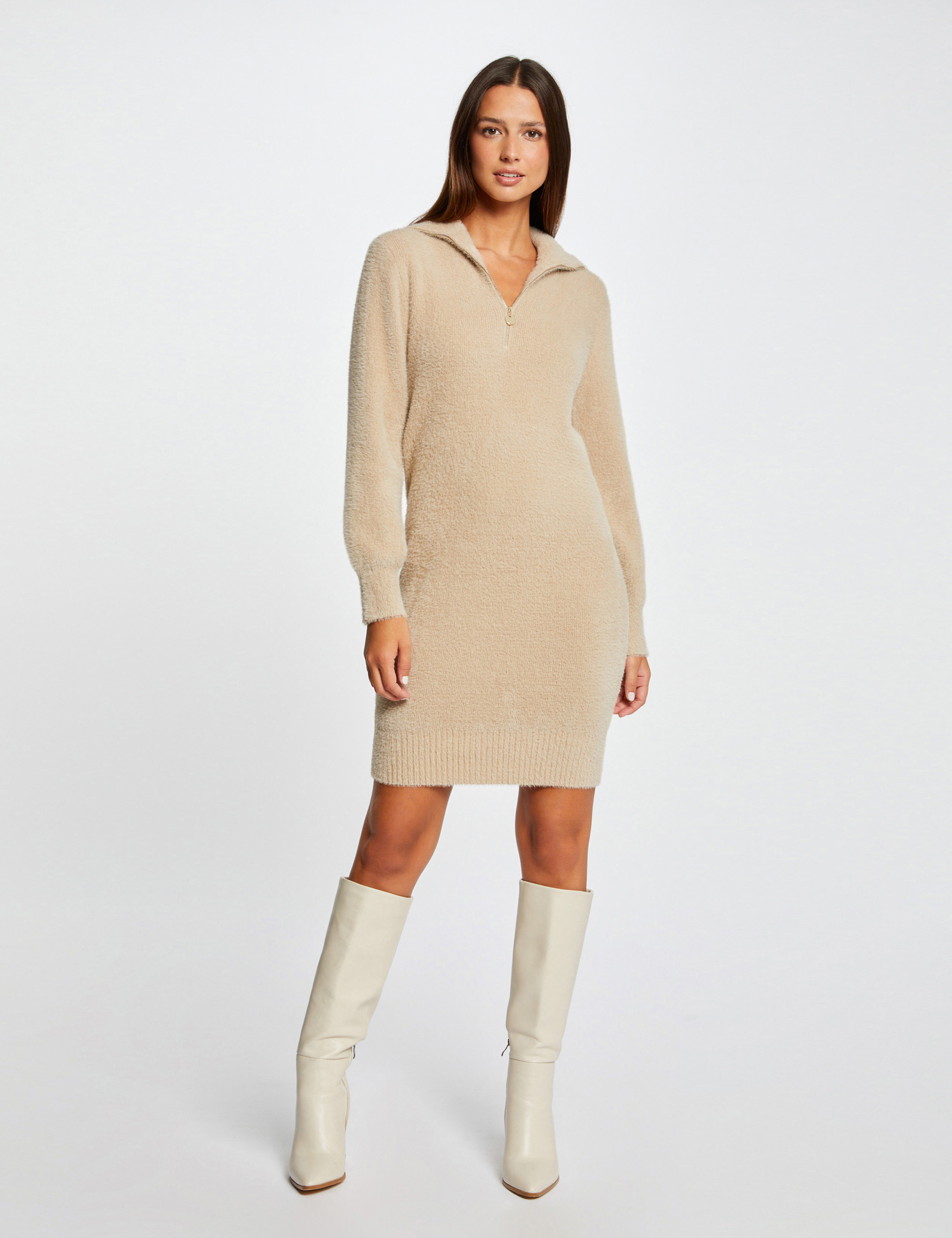 vestido de punto cuello con cremallera beige mujer Vestido de punto cuello con cremallera beige mujer