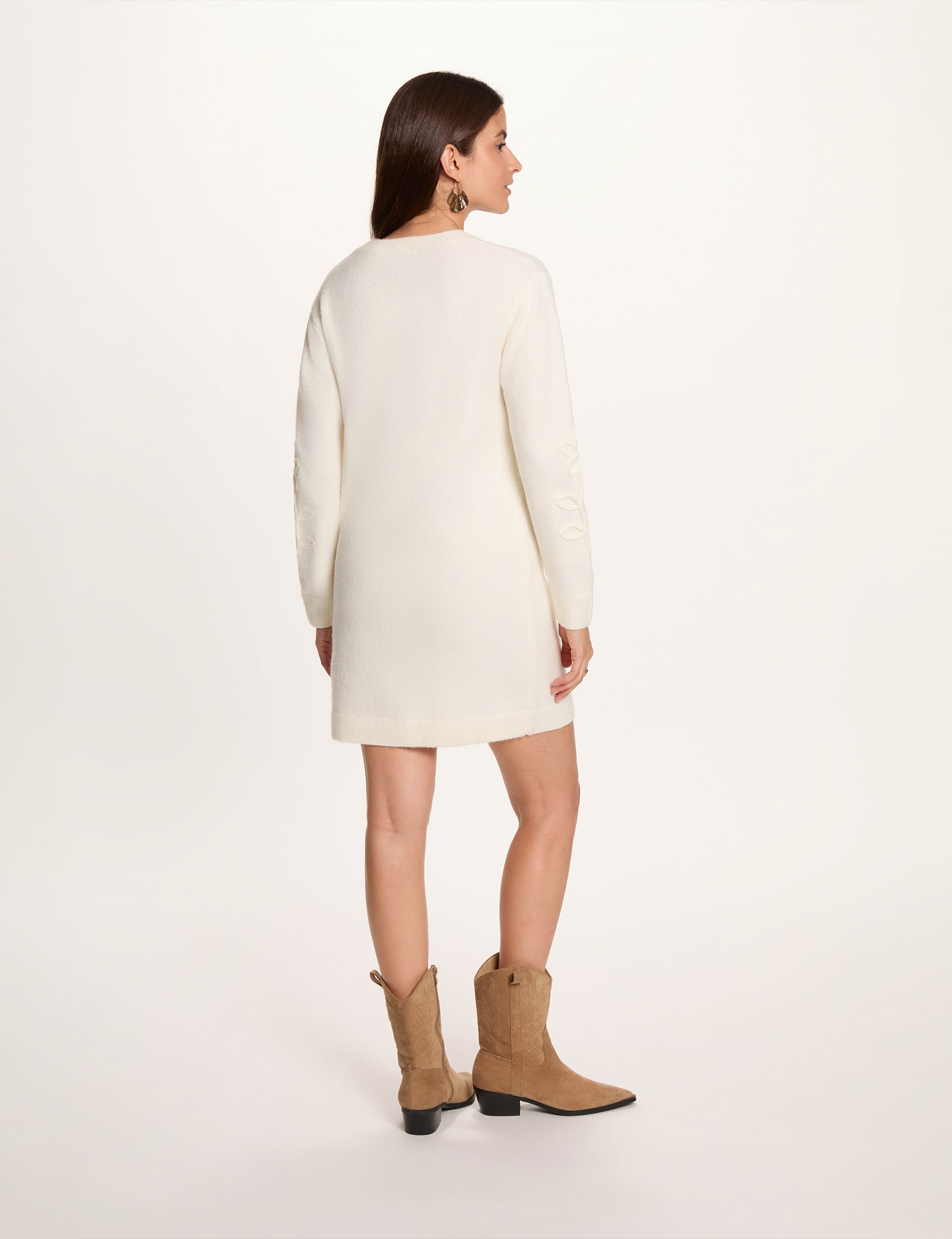 Vestido de punto manga larga marfil mujer