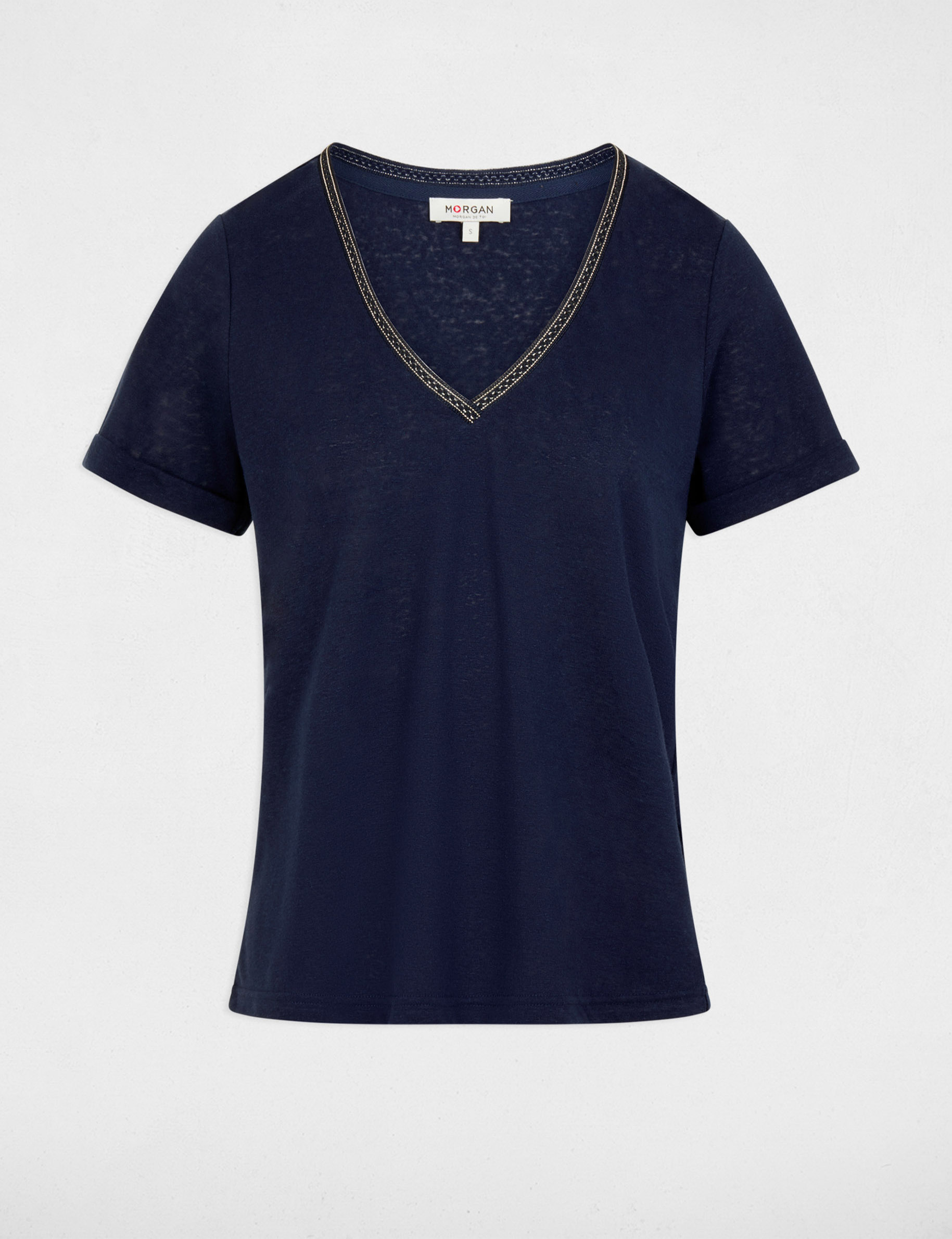 Camiseta con cuello en v con perlas azul marino mujer