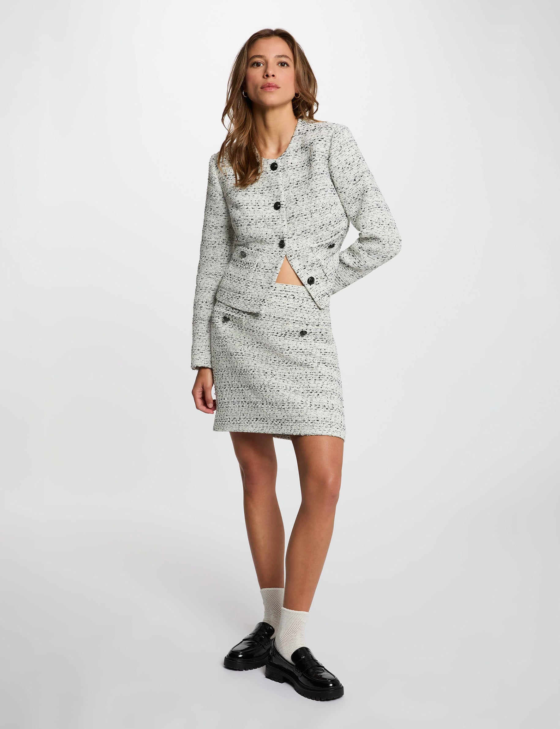 Chaqueta recta con cuello redondo marfil mujer