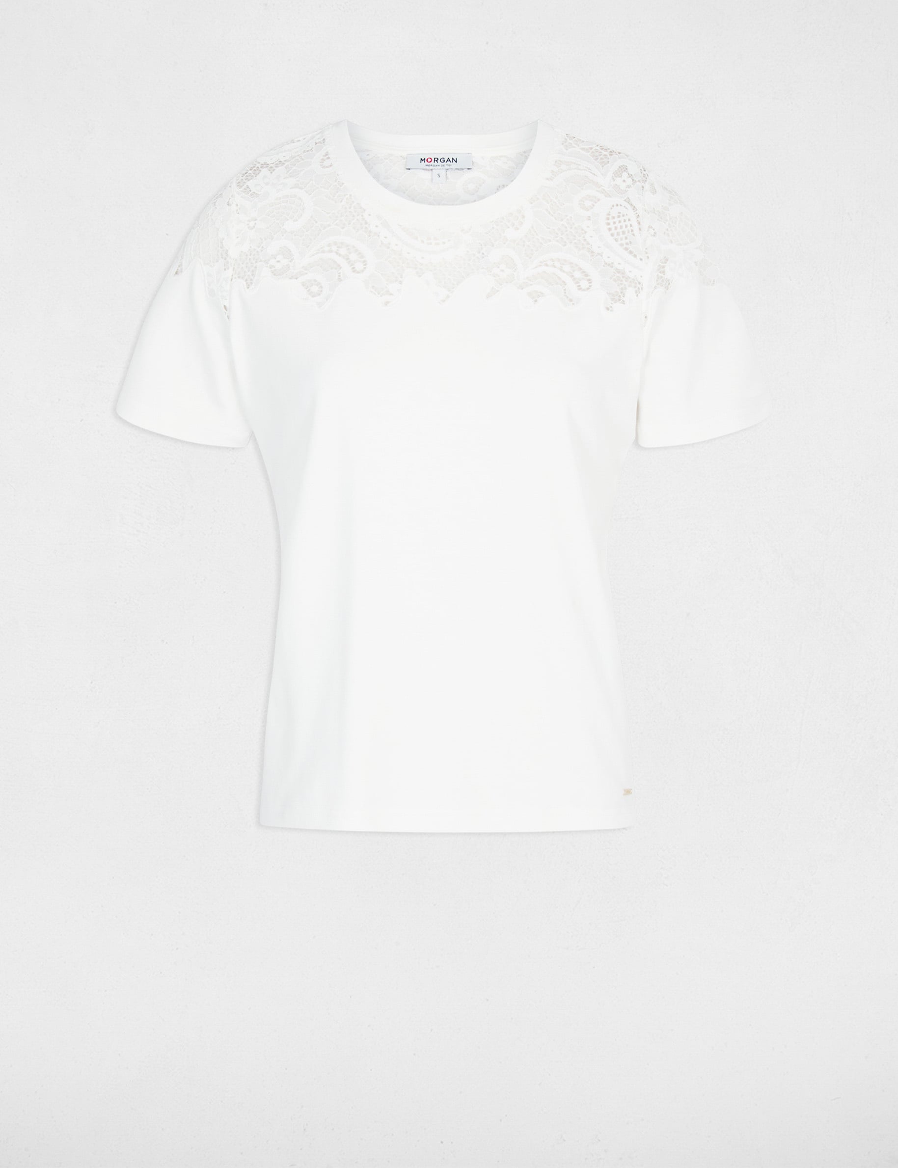 Camiseta de encaje manga corta blanco mujer