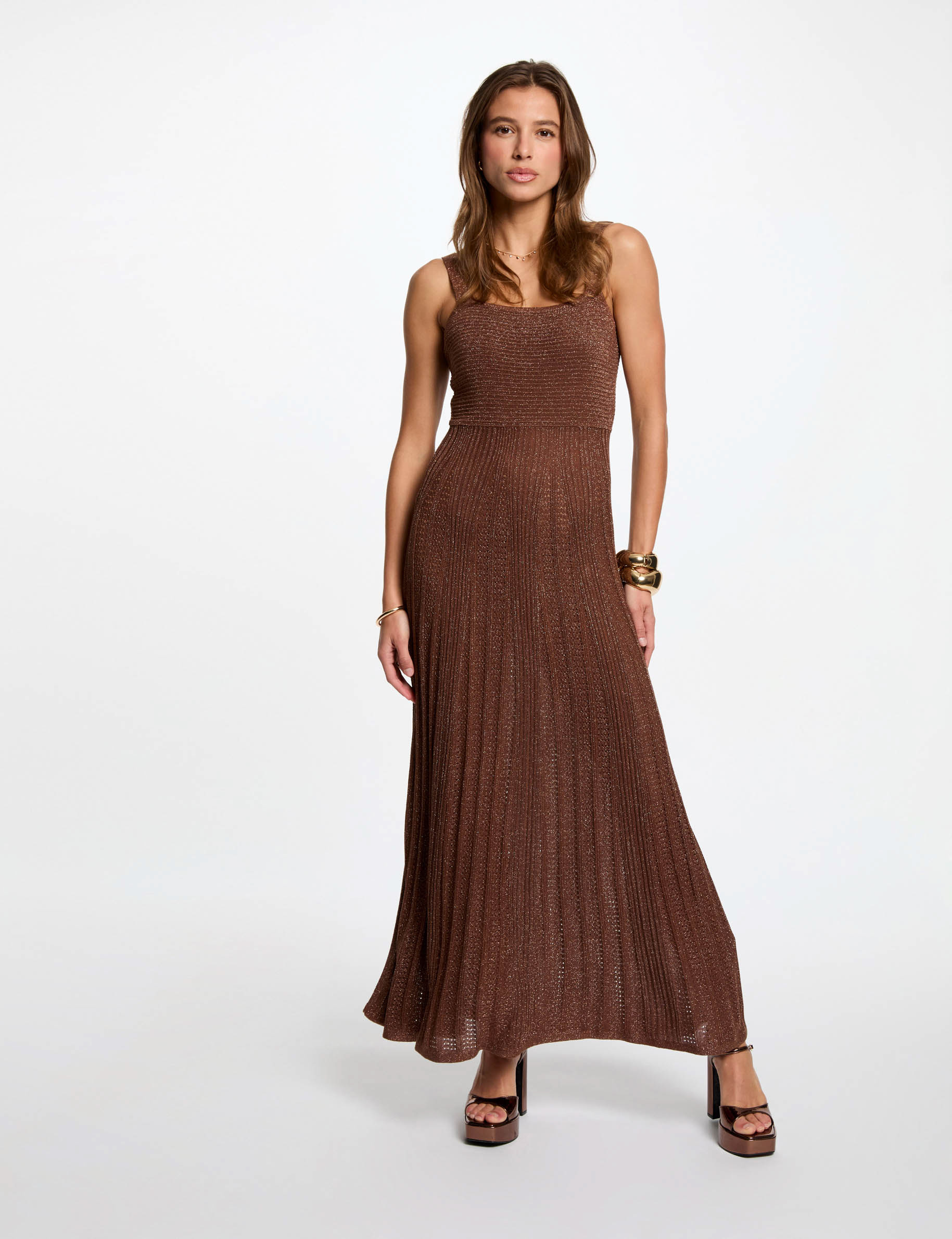 vestido punto largo recto marron conac mujer Vestido punto largo recto marrón coñac mujer
