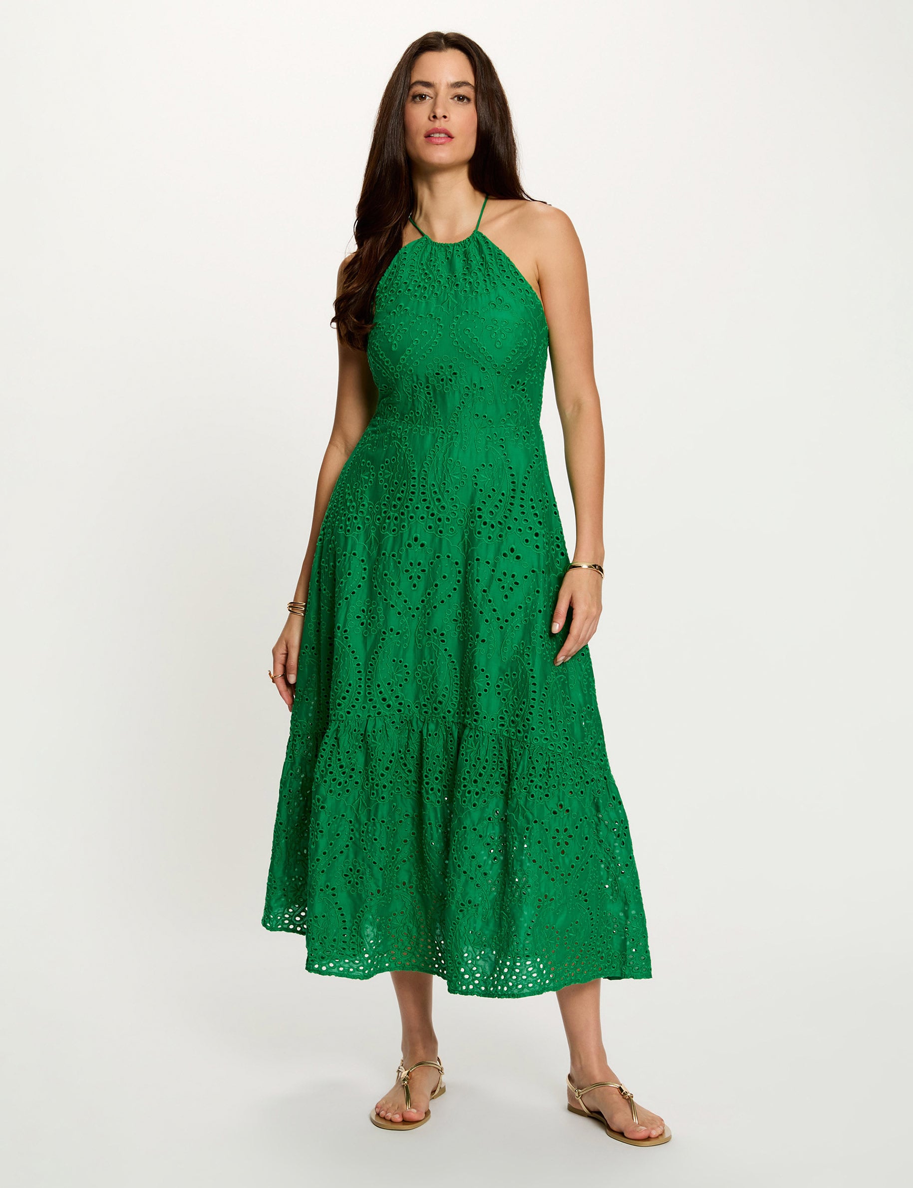 Vestido largo con bordado ingl&eacute;s verde pradera mujer