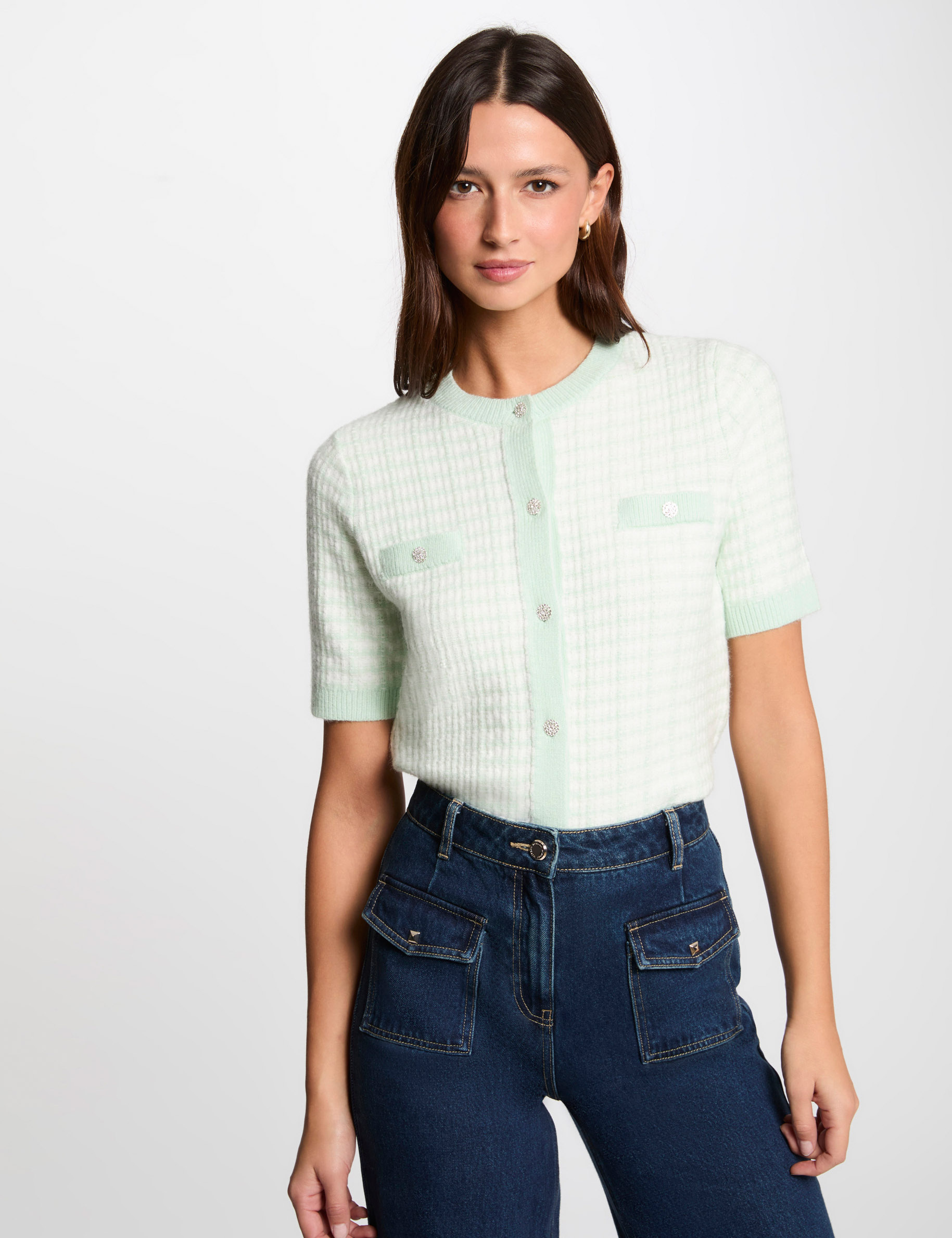 cardigan manga corta estampado verde claro mujer Cárdigan manga corta estampado verde claro mujer