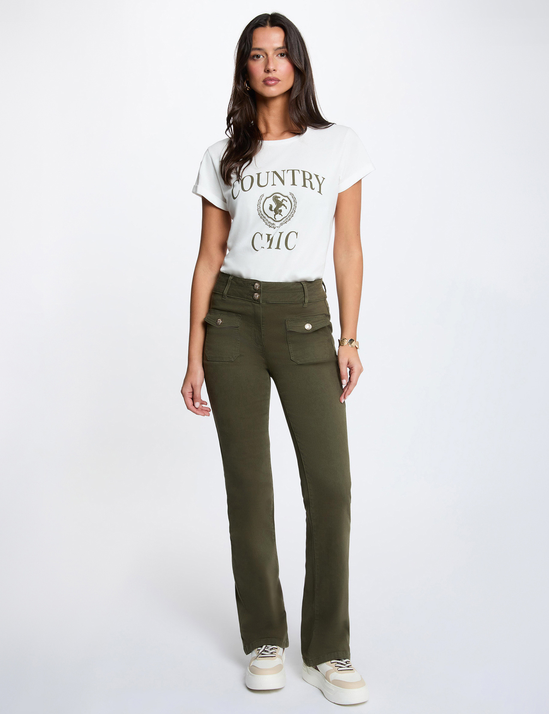 Pantal&oacute;n bootcut verde caqui mujer