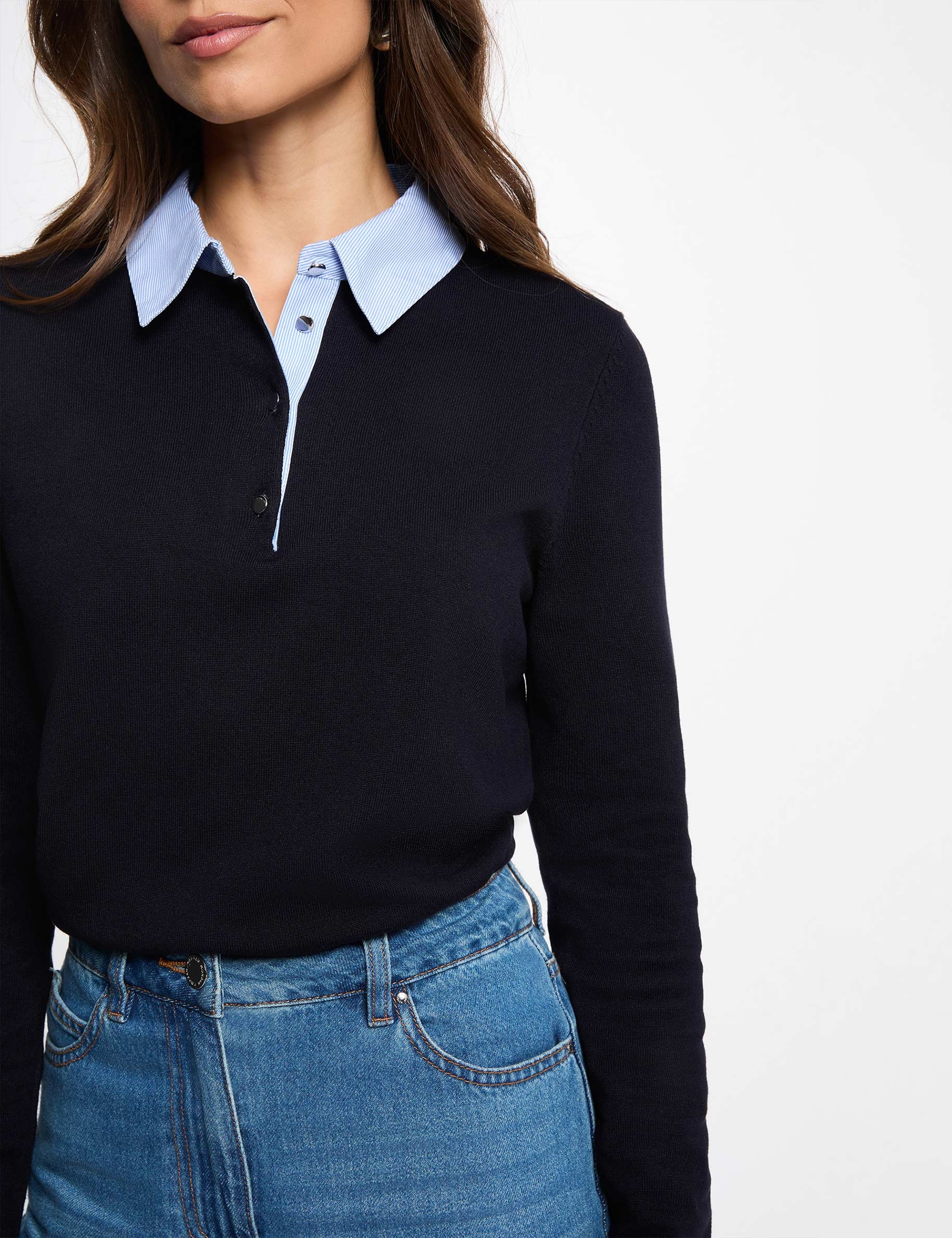 Jersey con cuello de camisa azul marino mujer