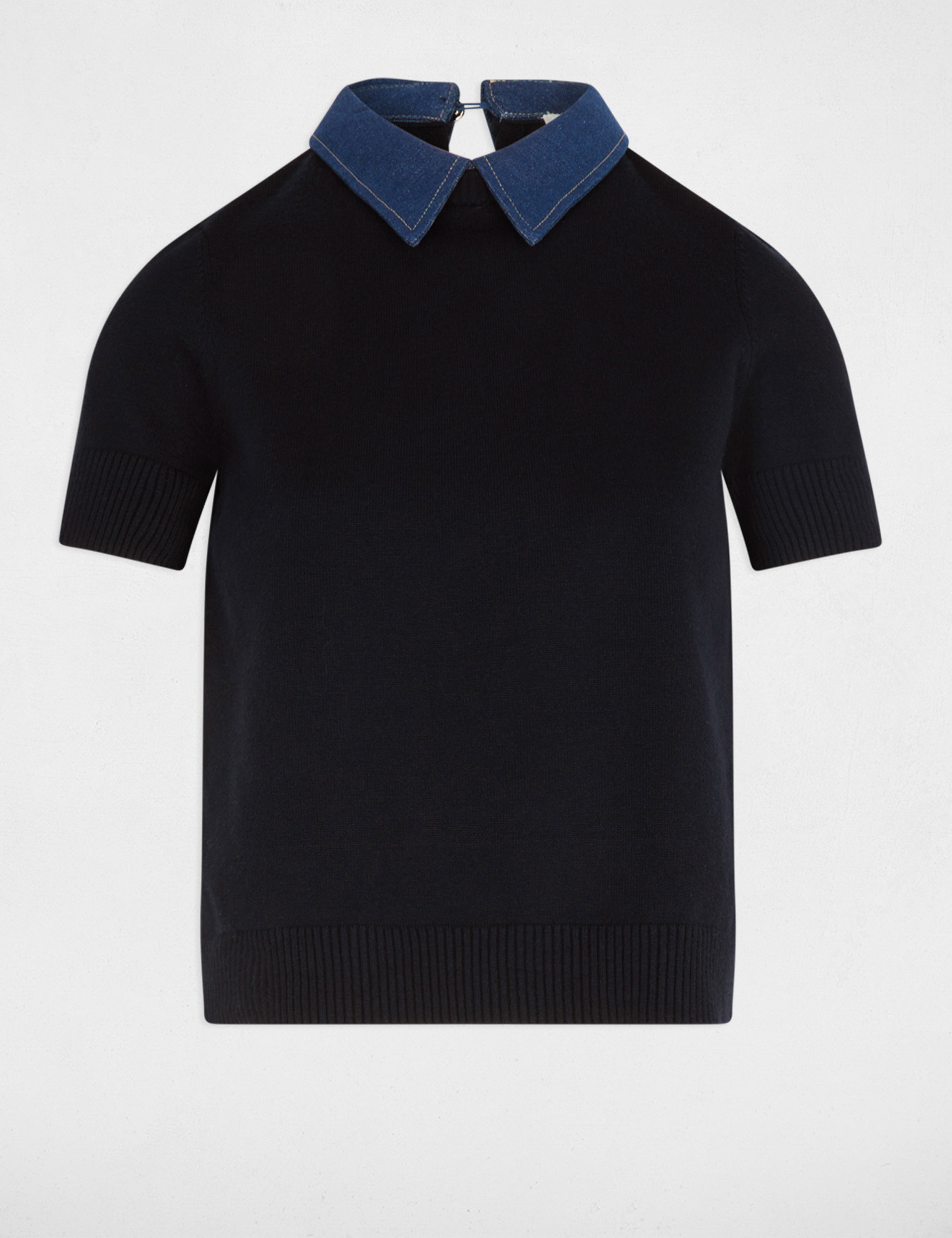 Jersey corto con cuello de camisa azul marino mujer