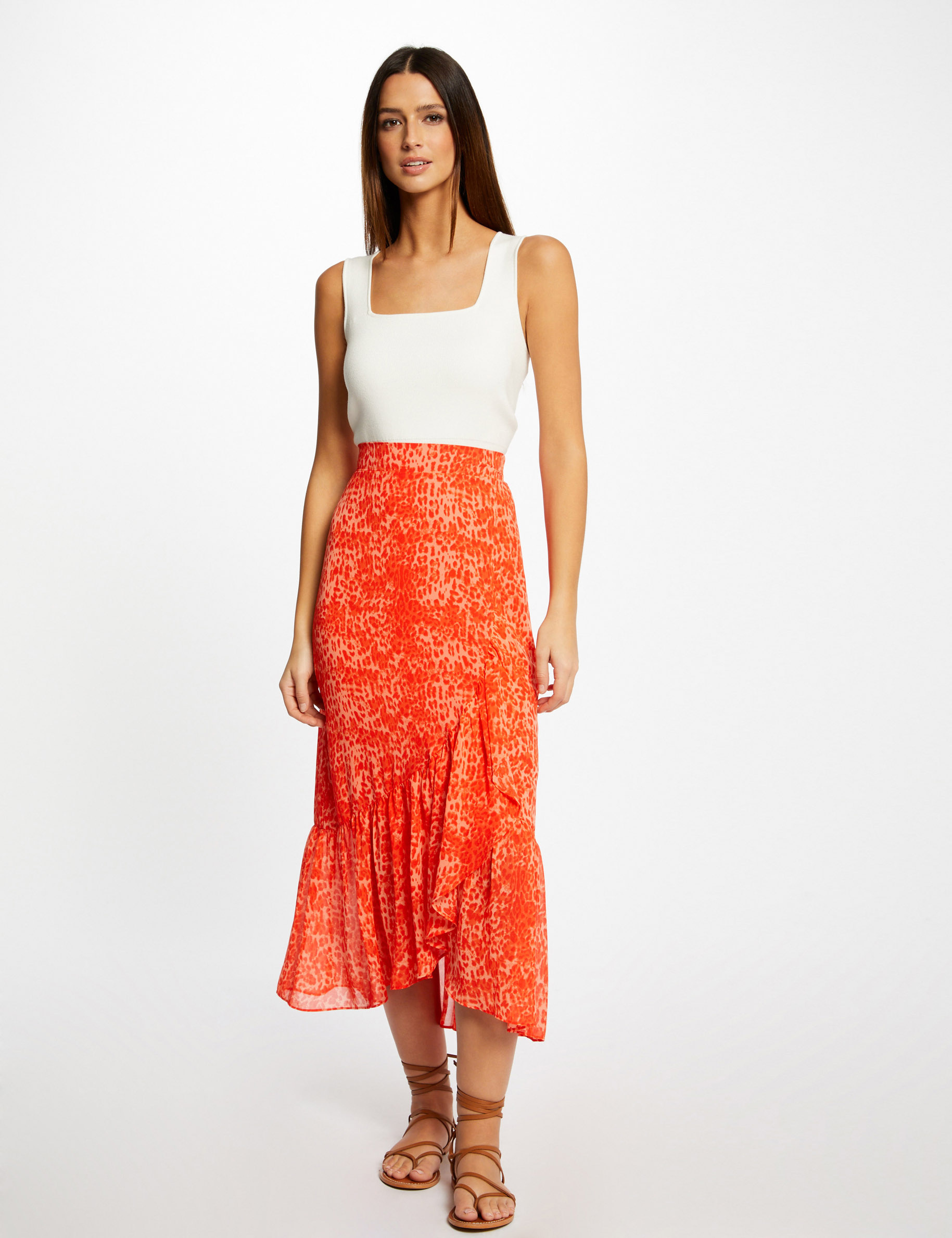 Falda larga cruzada estampado leopardo naranja mujer Falda larga cruzada estampado leopardo naranja mujer