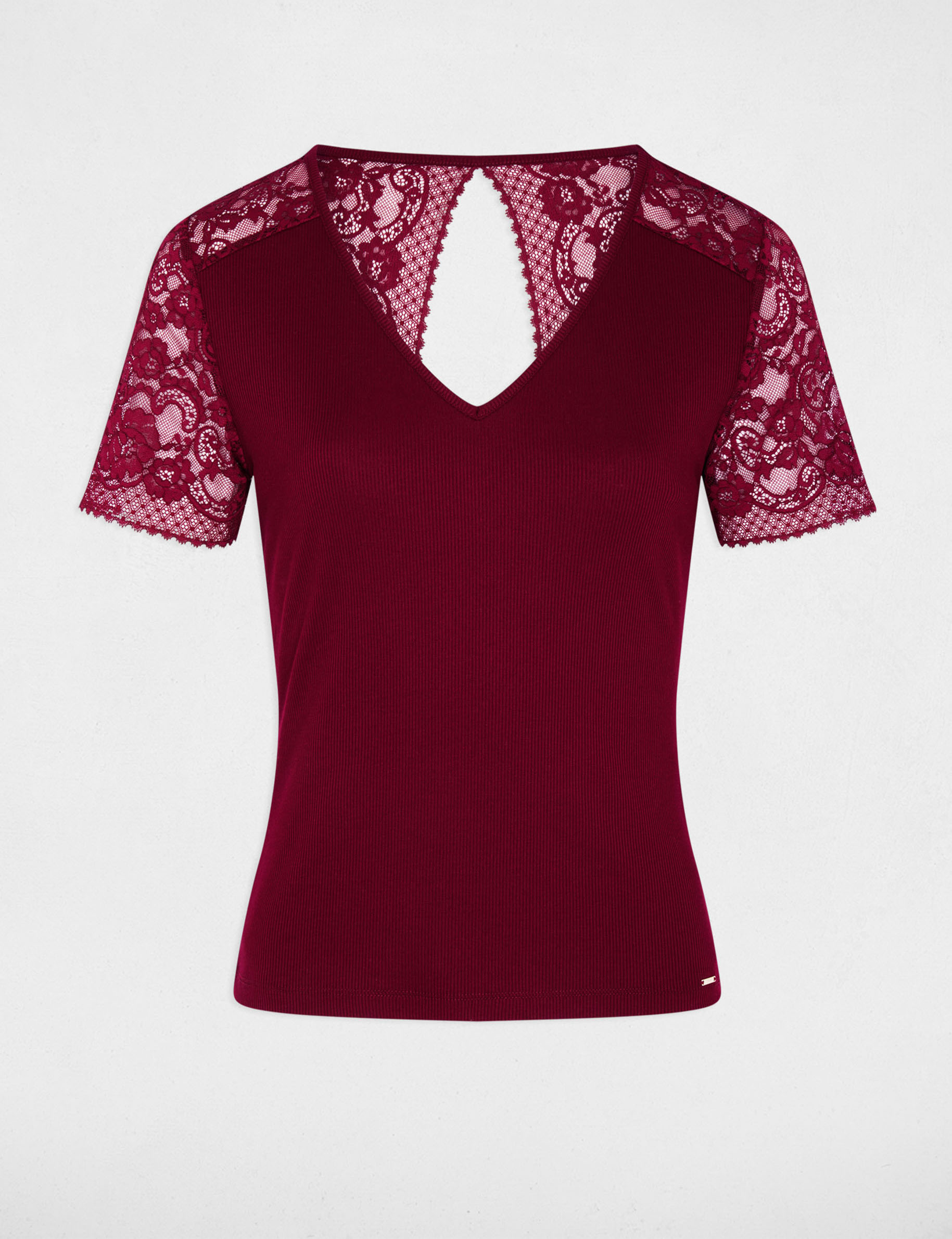 Camiseta de encaje con cuello en V burdeos mujer