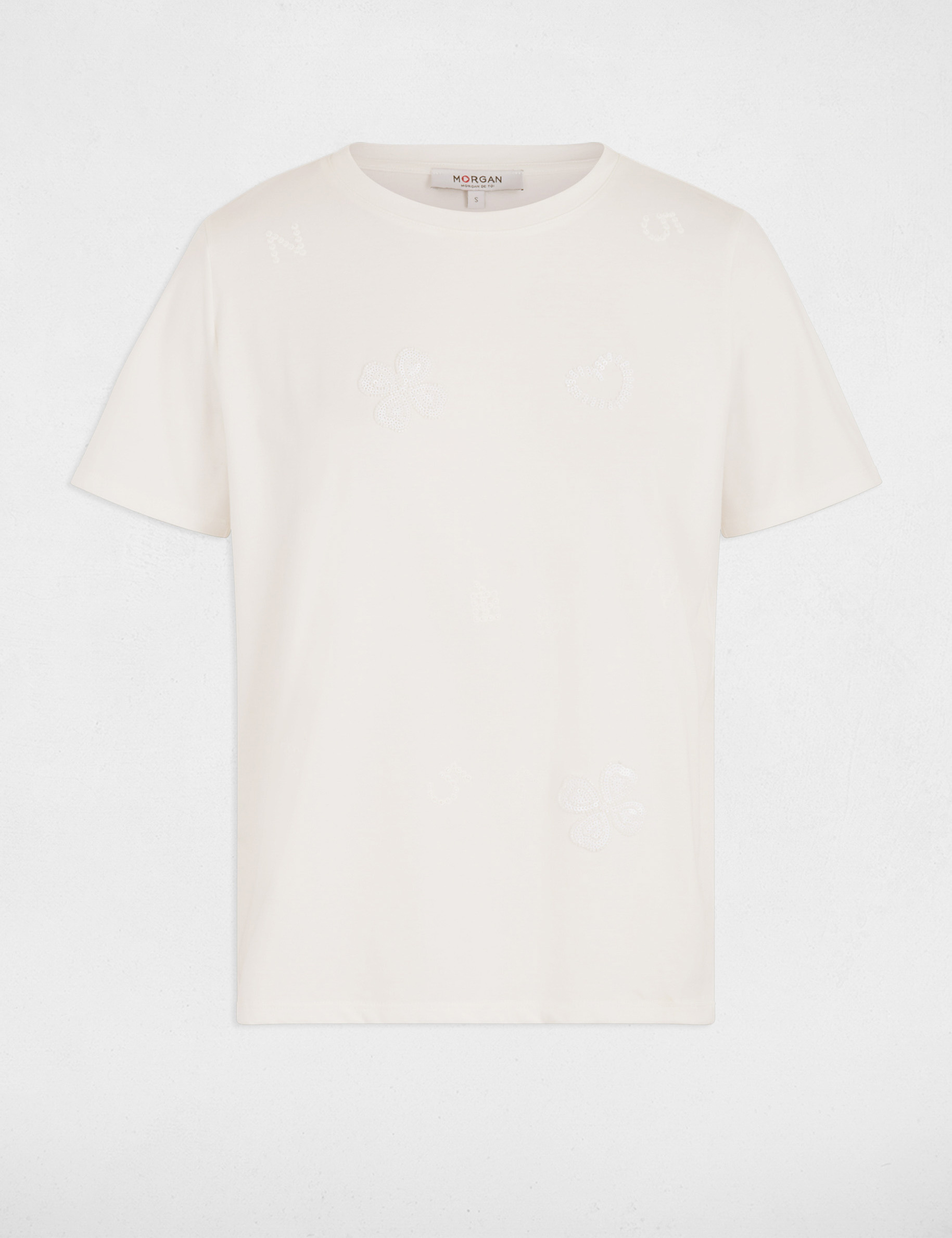 Camiseta bordada cuello redondo blanco mujer