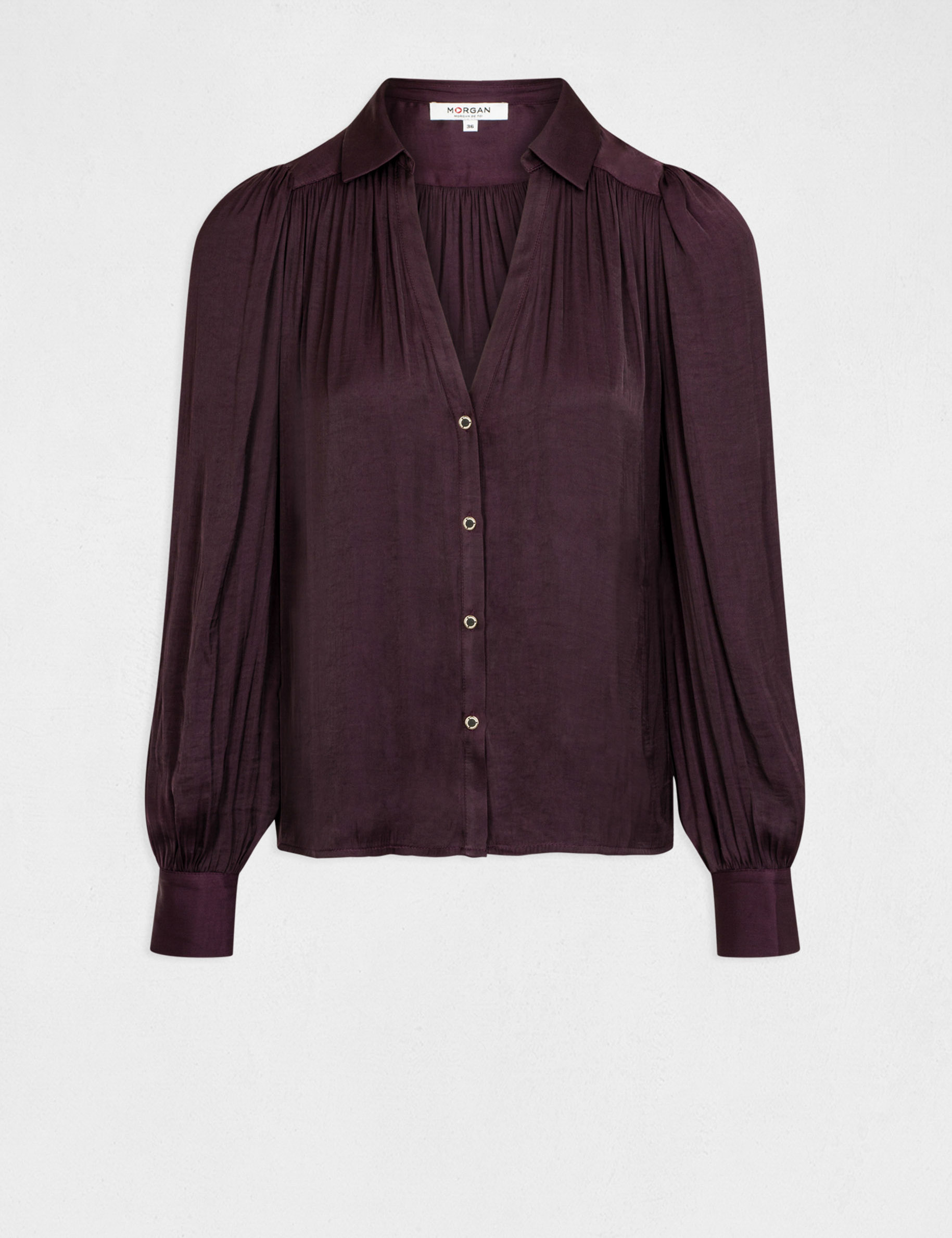Camisa manga larga satinada ciruela mujer