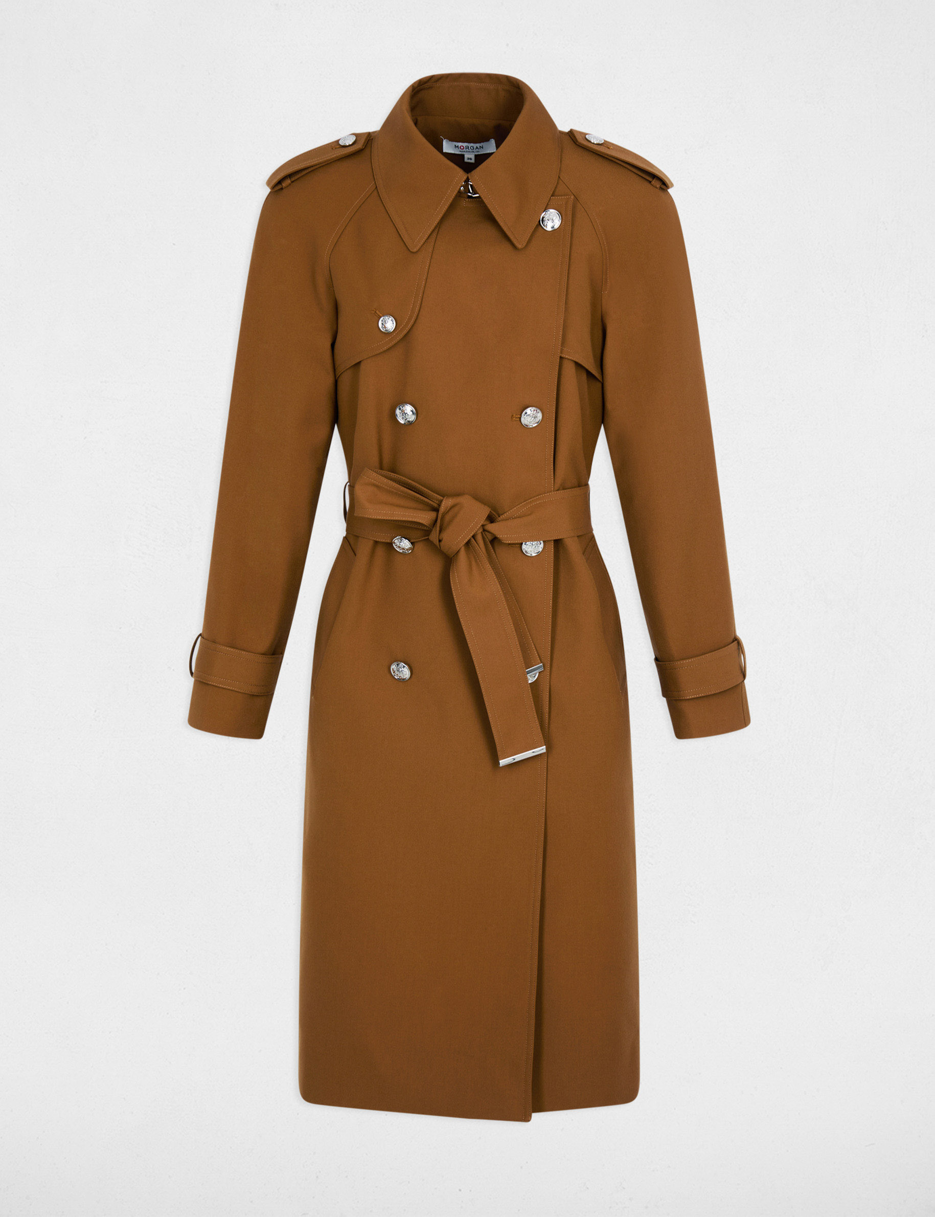Trench largo con cintur&oacute;n c&aacute;mel mujer