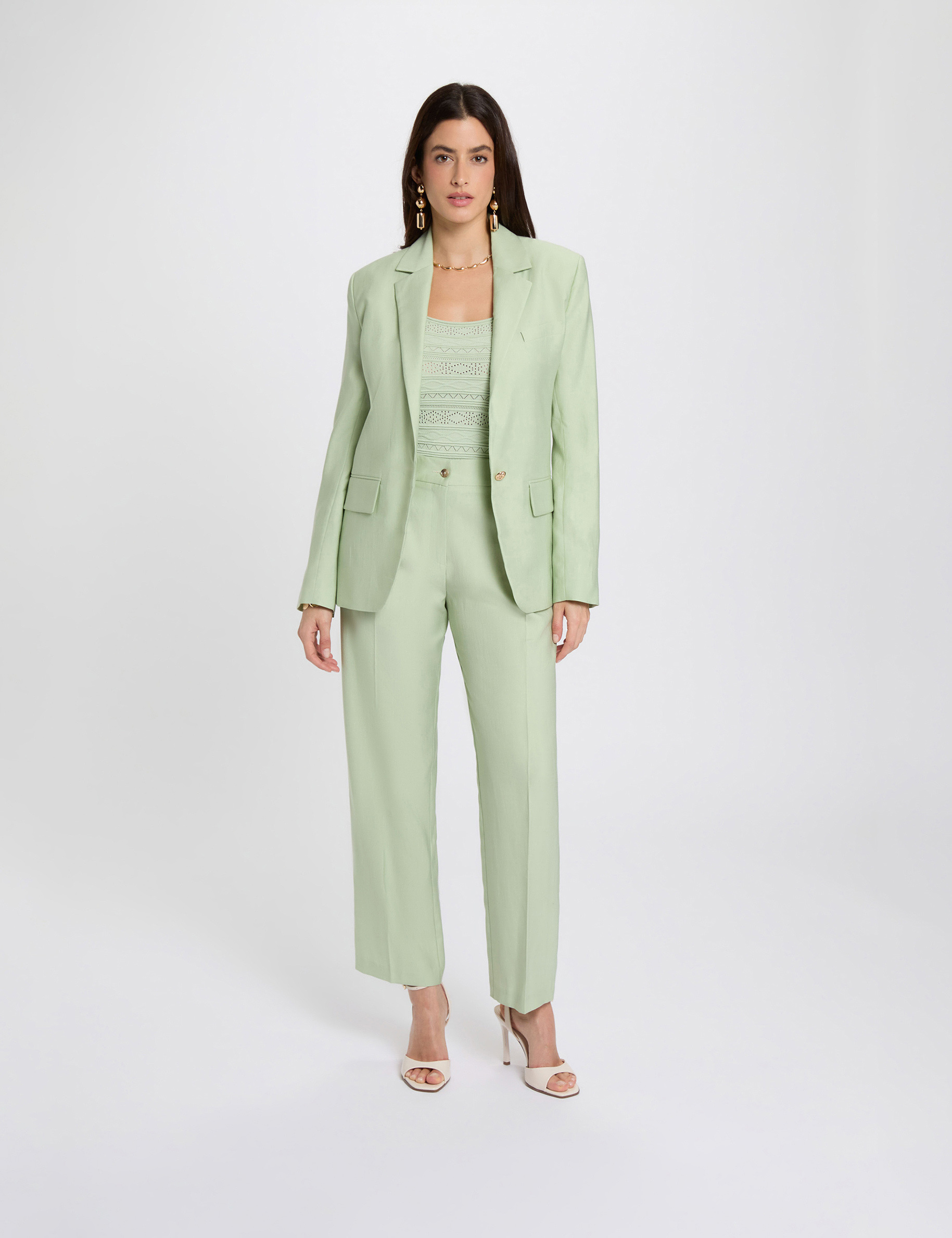 Chaqueta entallada con cuello sastre verde pastel mujer
