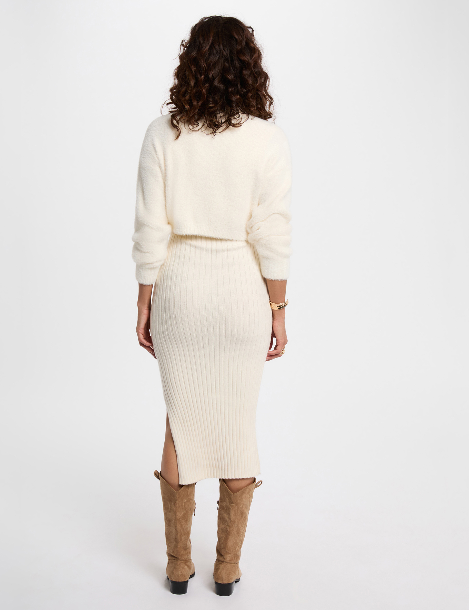 Vestido de punto entallado marfil mujer