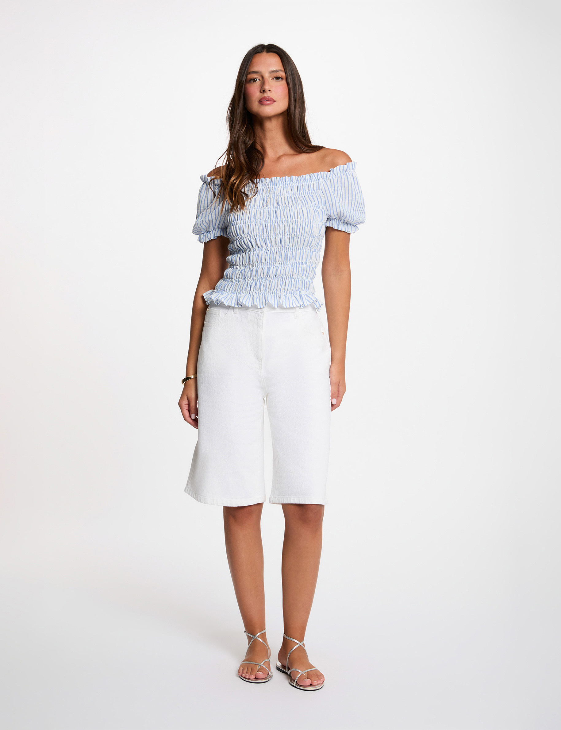 Blusa rayada bardot azul cielo mujer