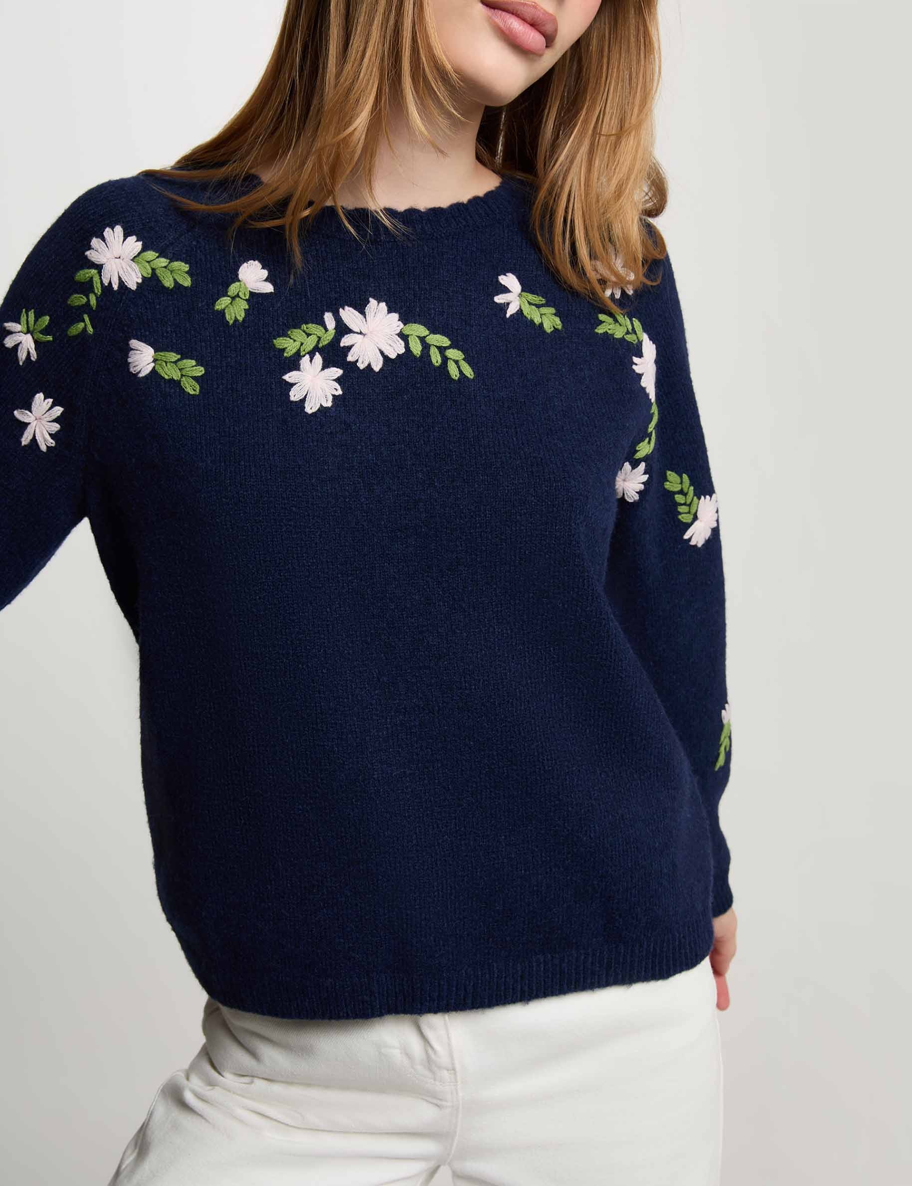 Jersey bordado mangas largas azul marino mujer
