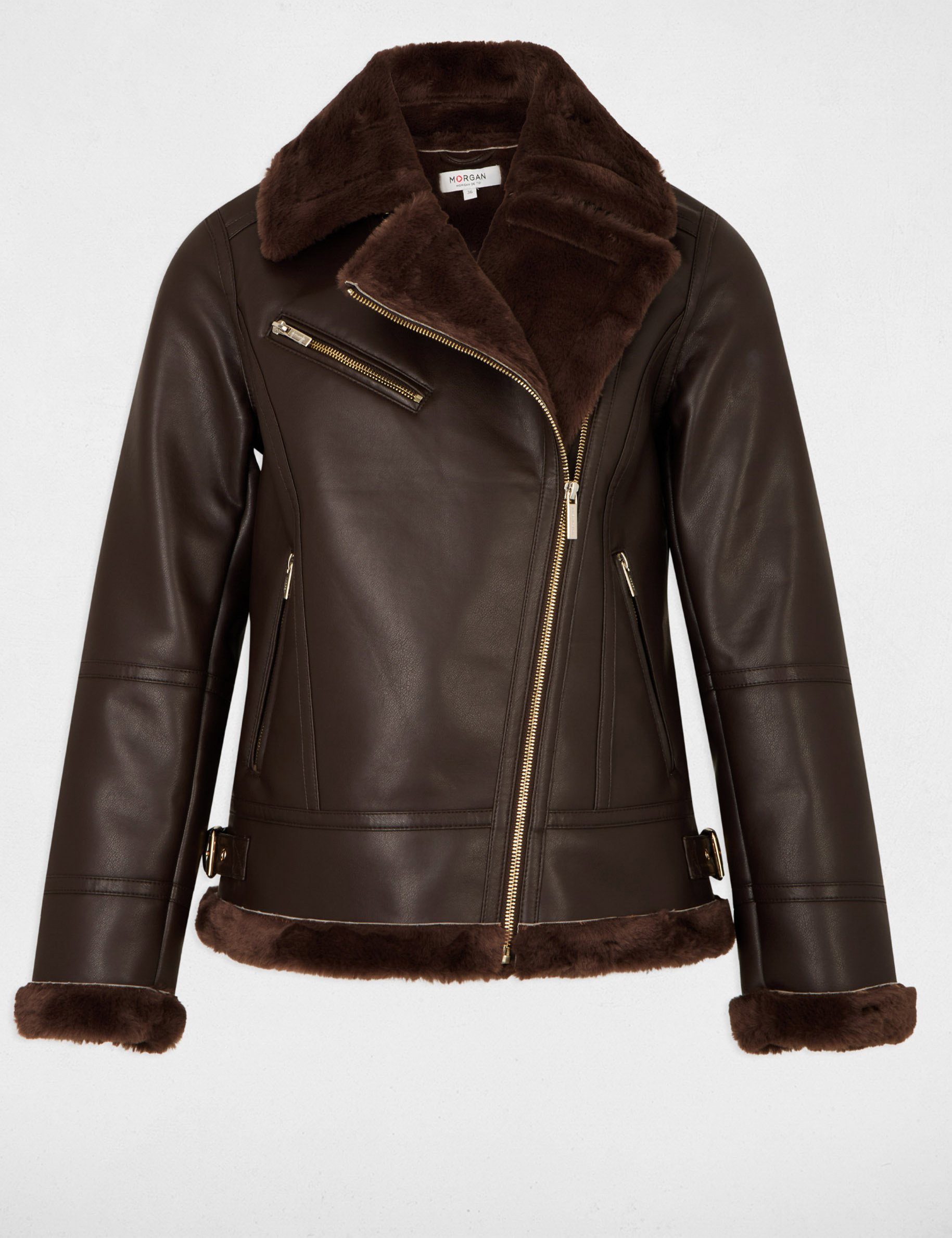 Chaqueta oversize de cuero sint&eacute;tico marr&oacute;n oscuro mujer
