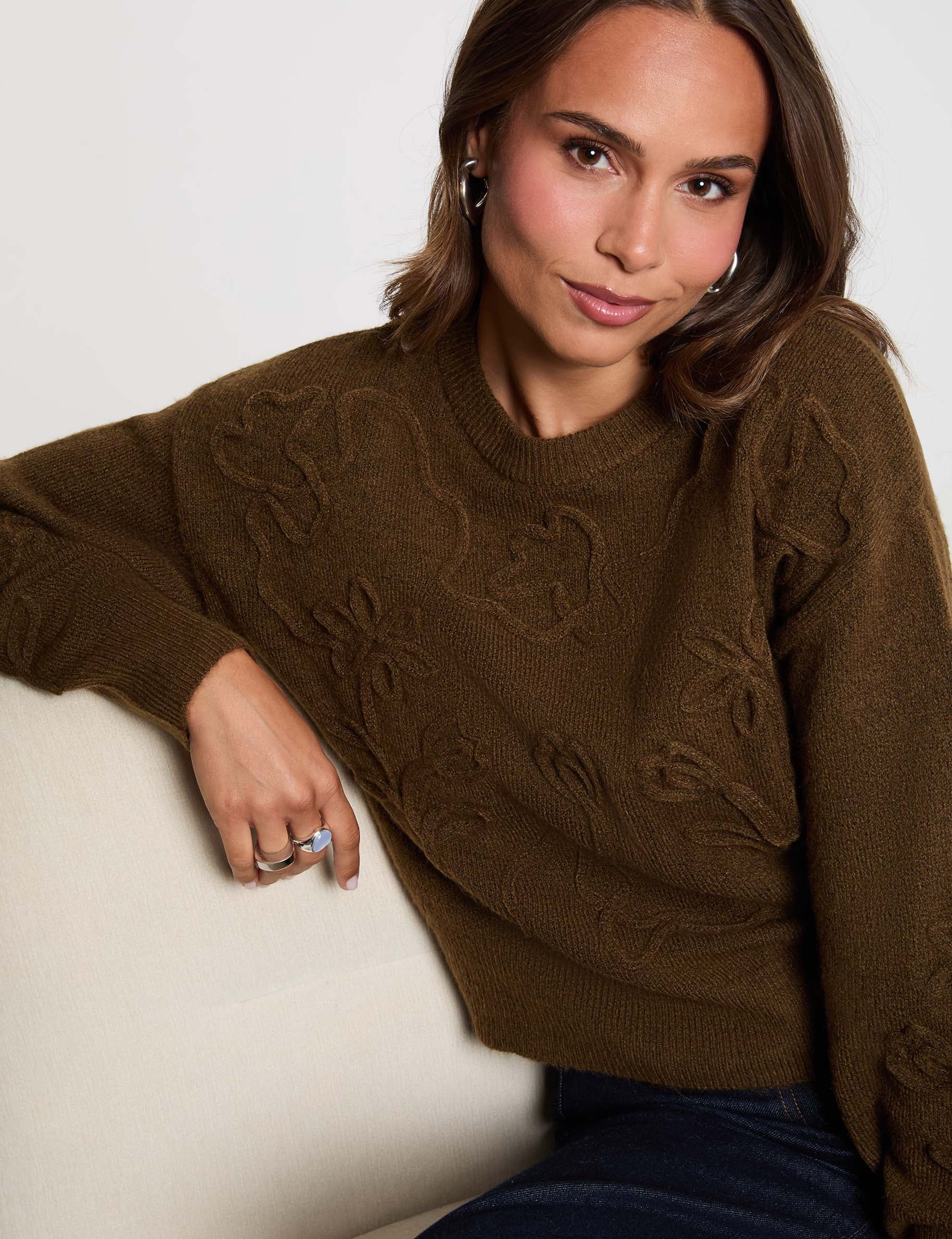 Jersey de cuello redondo fantas&iacute;a verde caqui mujer