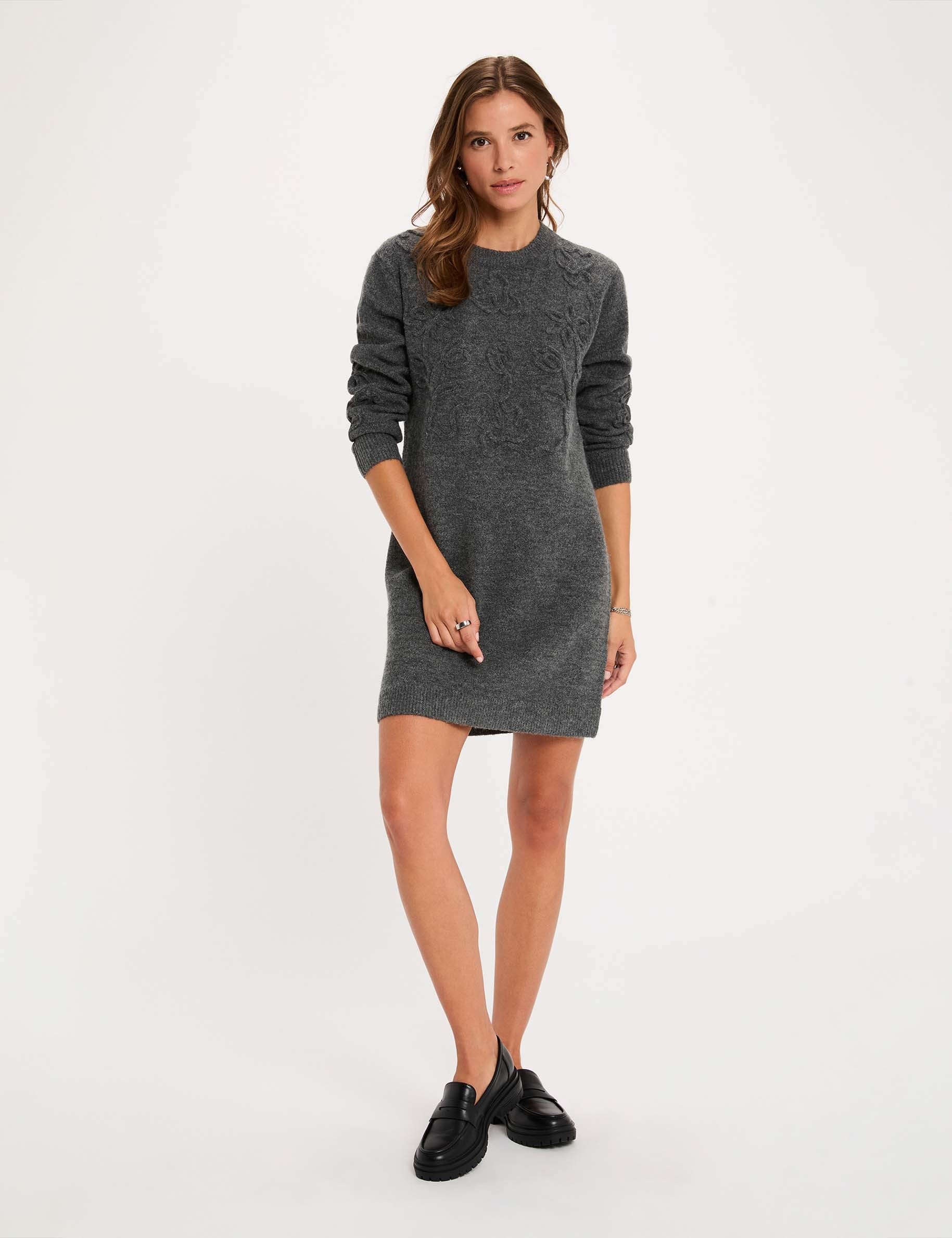 Vestido de punto manga larga gris oscuro mujer