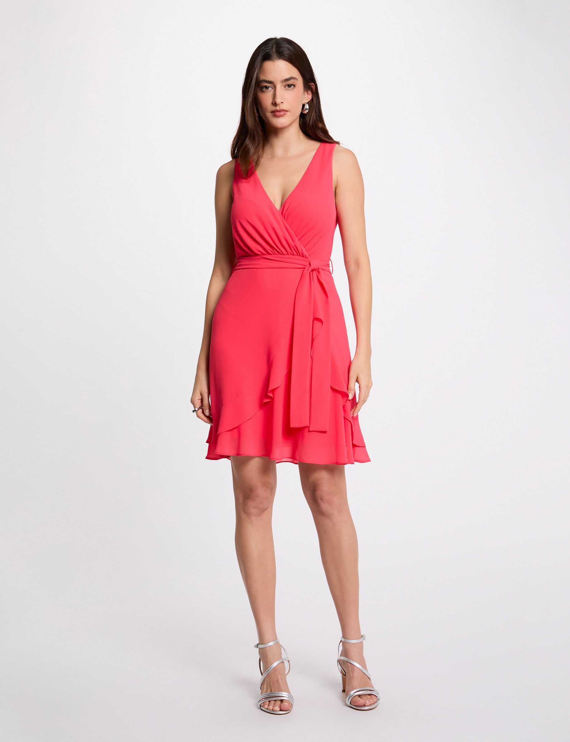 Vestido corto cruzado rojo coral mujer
