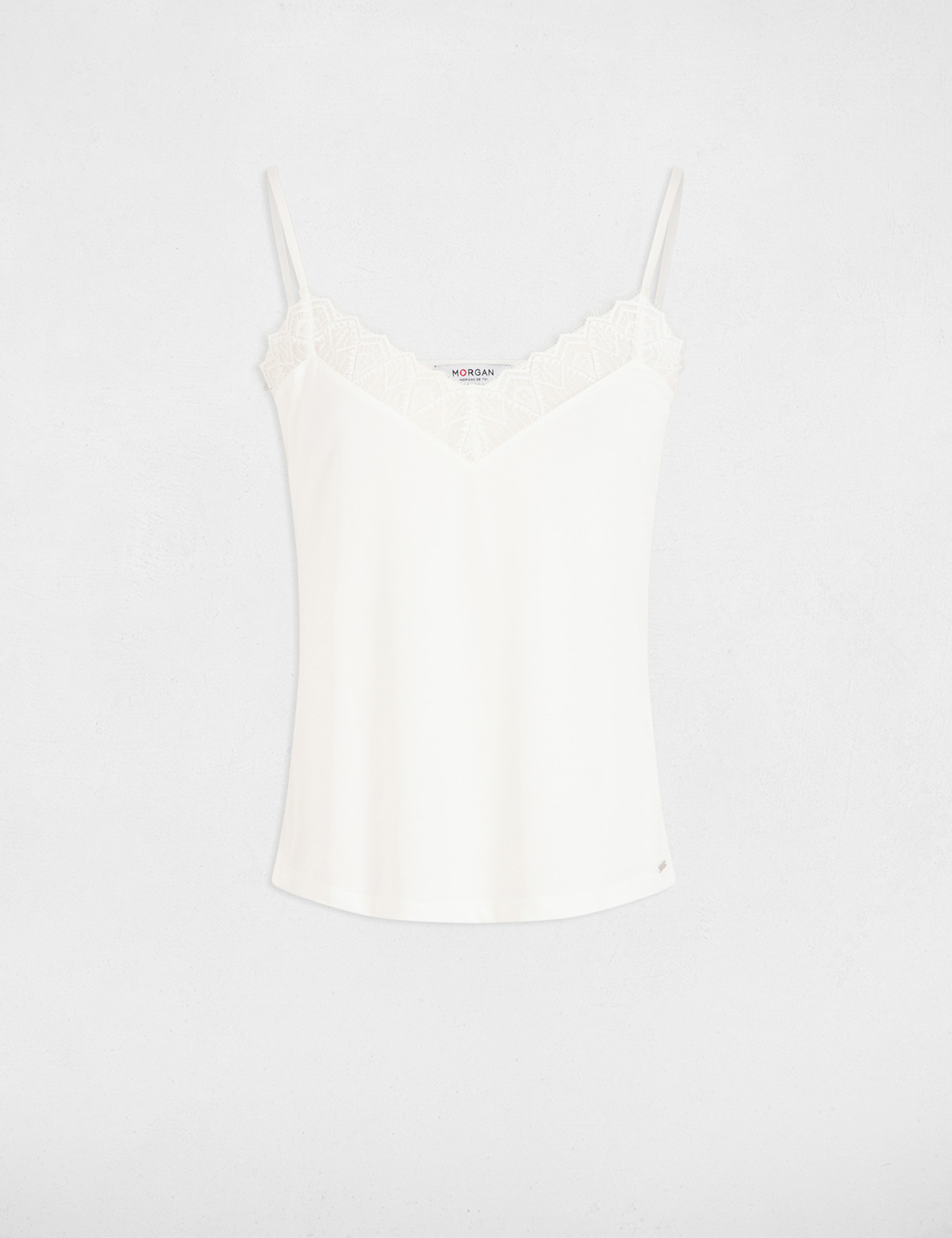 Top de encaje con cuello en v marfil mujer