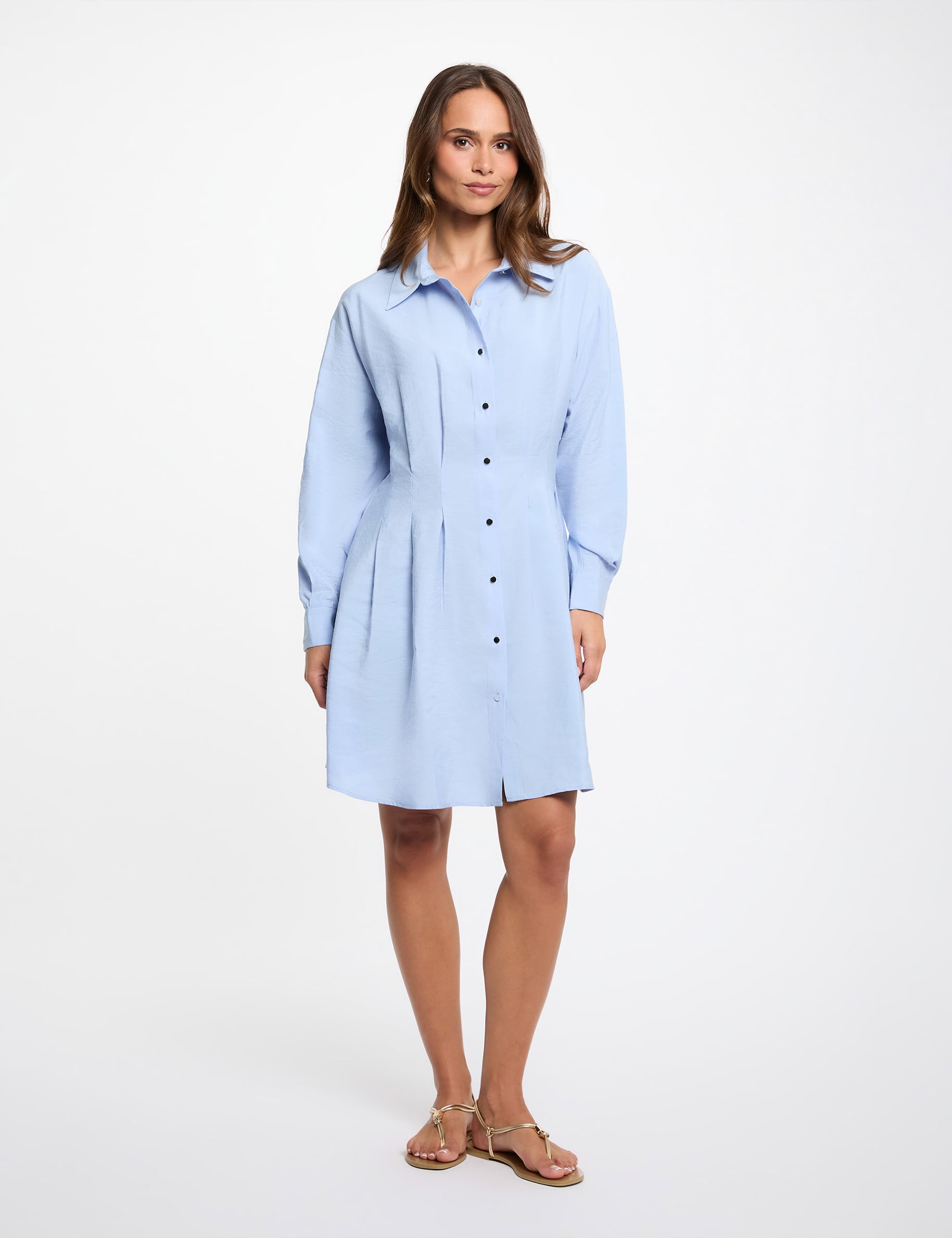 Vestido camisero con pliegues azul cielo mujer