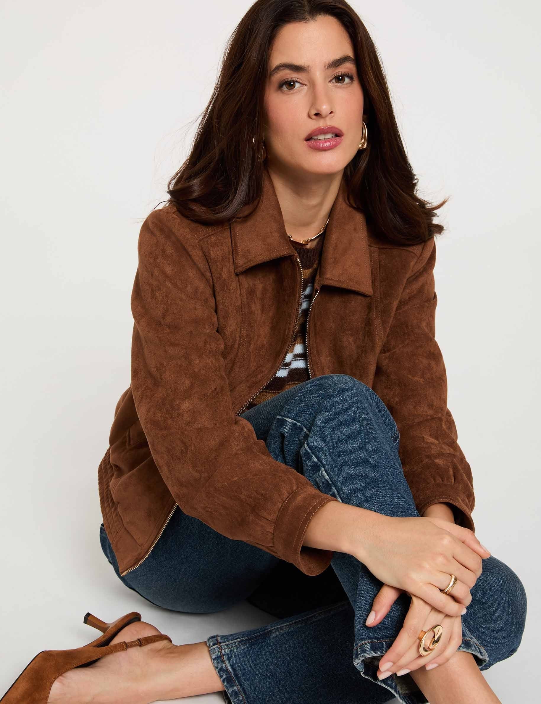 Chaqueta de antelina marr&oacute;n co&ntilde;ac mujer
