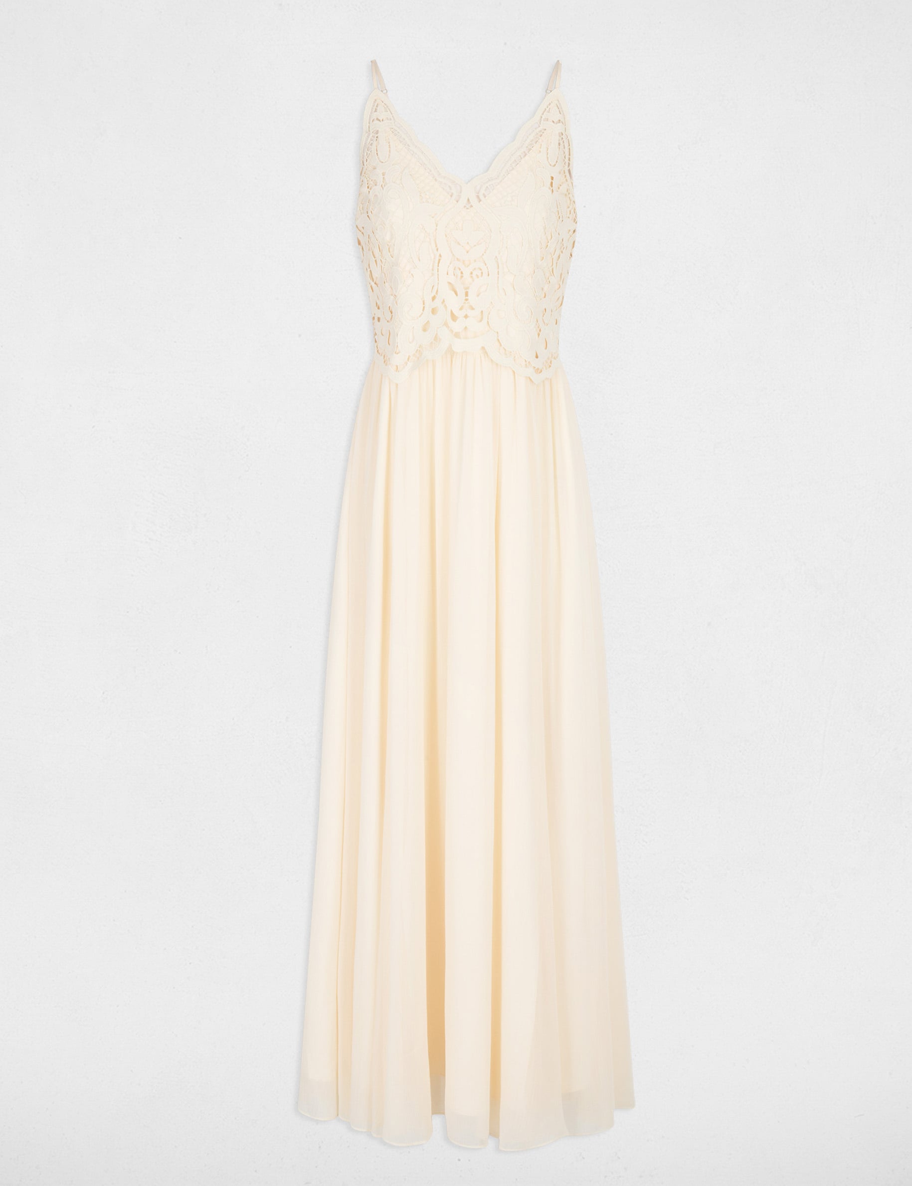 Vestido largo de encaje creme mujer
