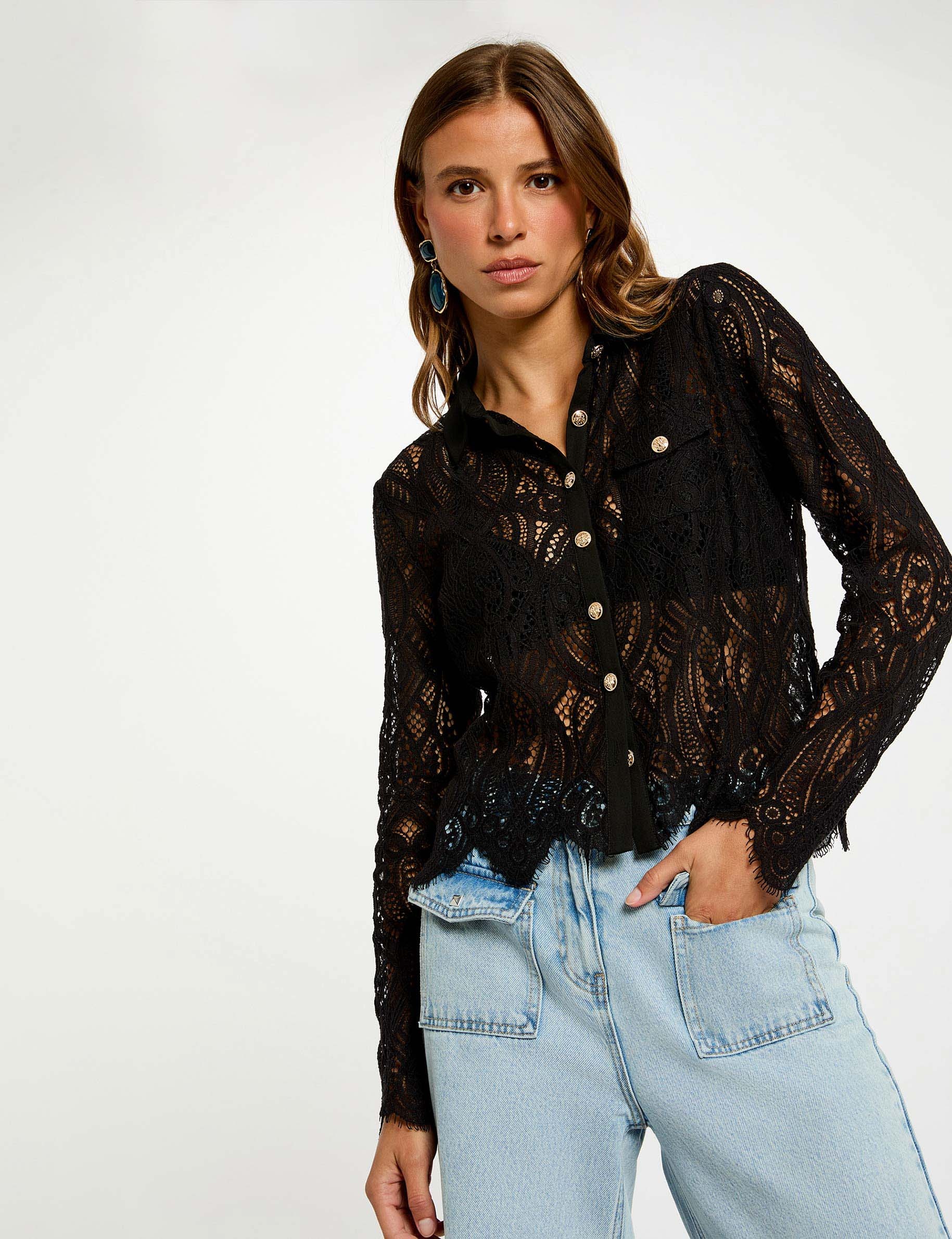 camisa corta de encaje negro mujer Camisa corta de encaje negro mujer