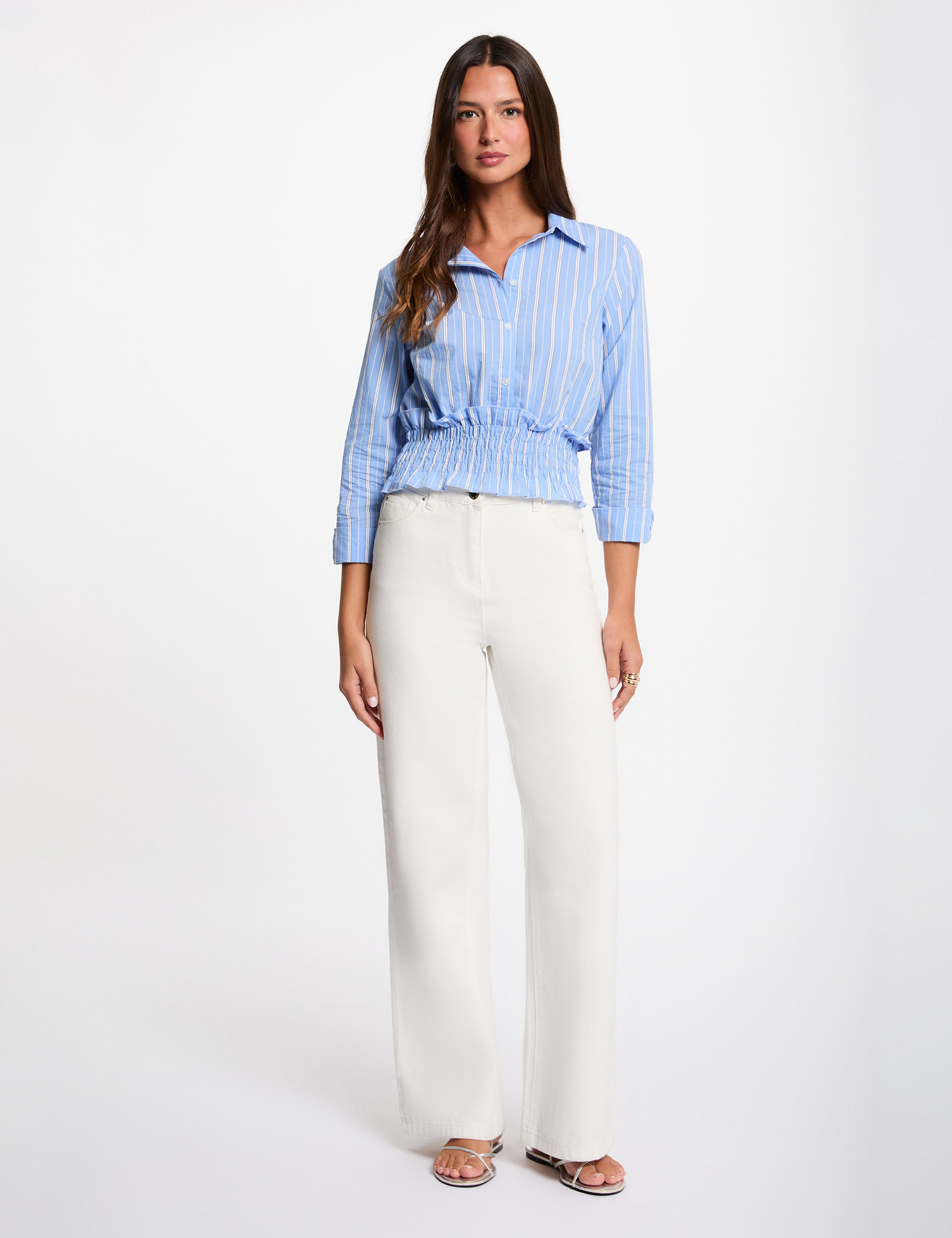 Camisa cropped de rayas azul cielo mujer