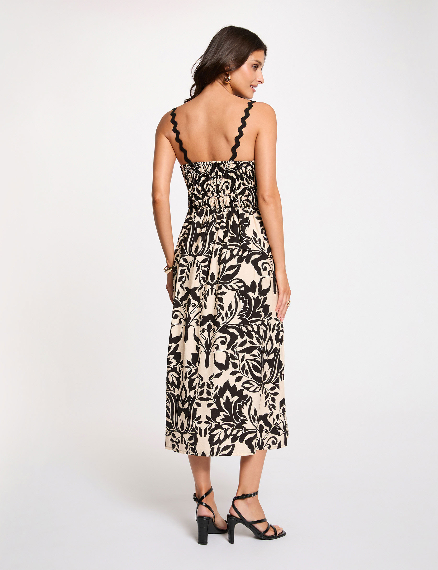 Vestido midi con escote cuadrado negro mujer