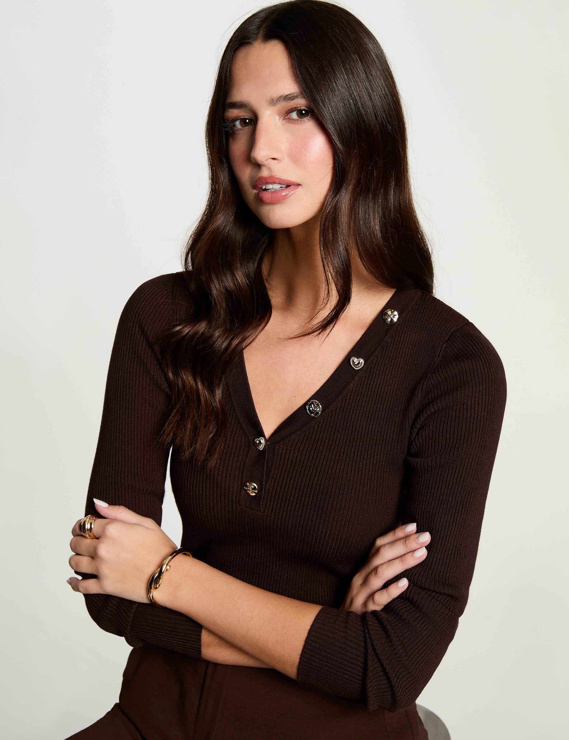 Jersey cuello v fantas&iacute;a marr&oacute;n oscuro mujer