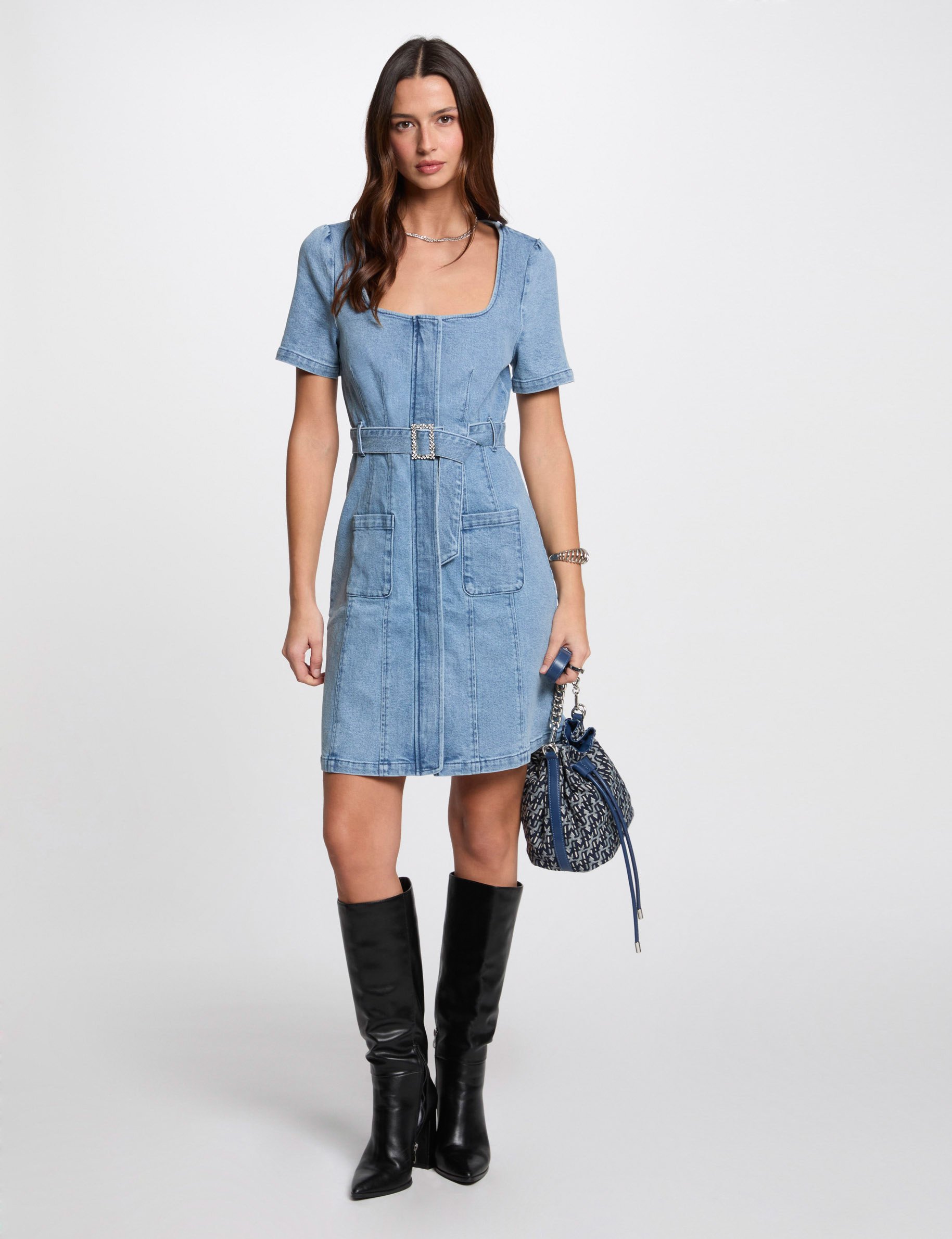 vestido de vaquero corto recto denim doble stone mujer Vestido de vaquero corto recto denim doble stone mujer