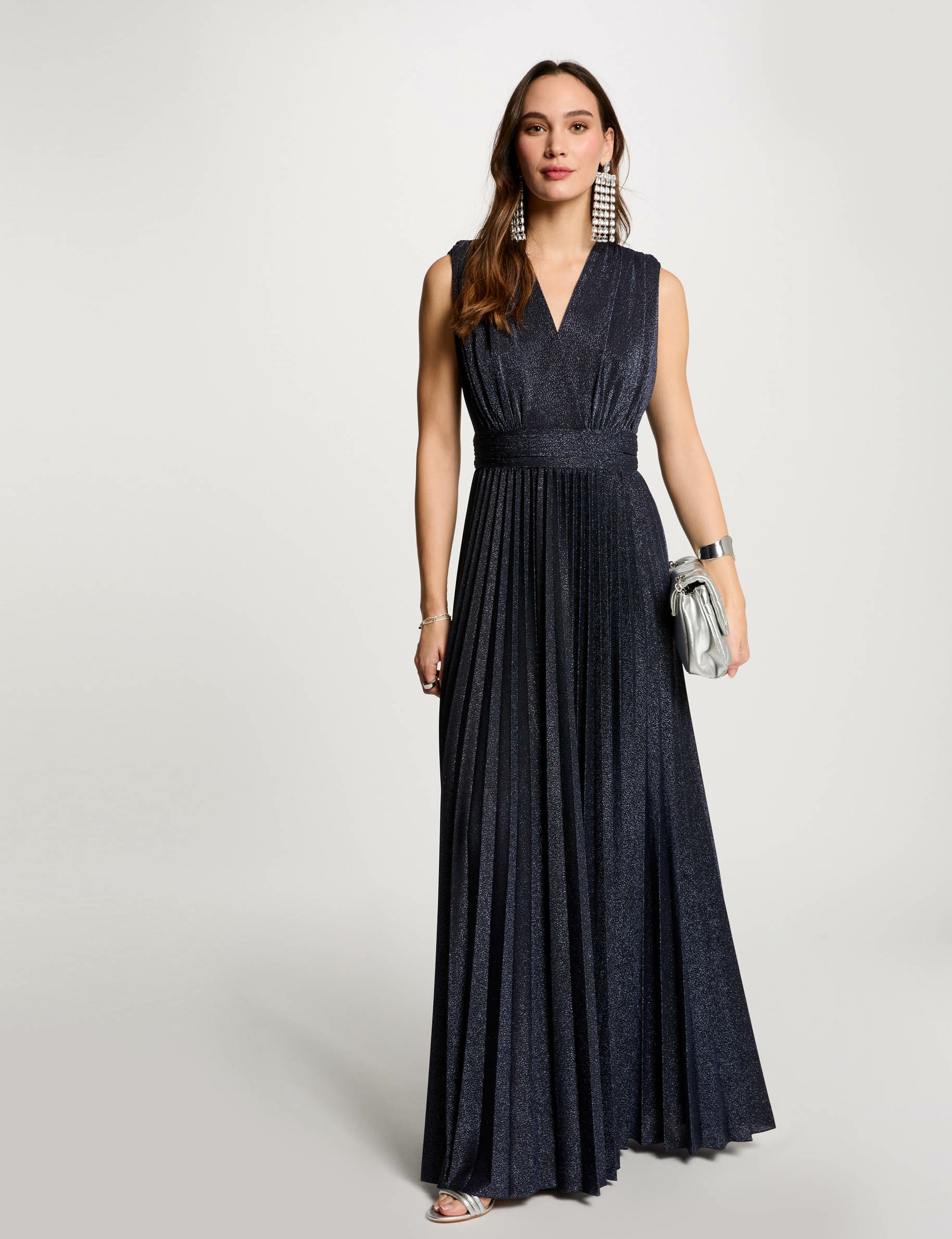 vestido largo recto plisado azul marino mujer Vestido largo recto plisado azul marino mujer