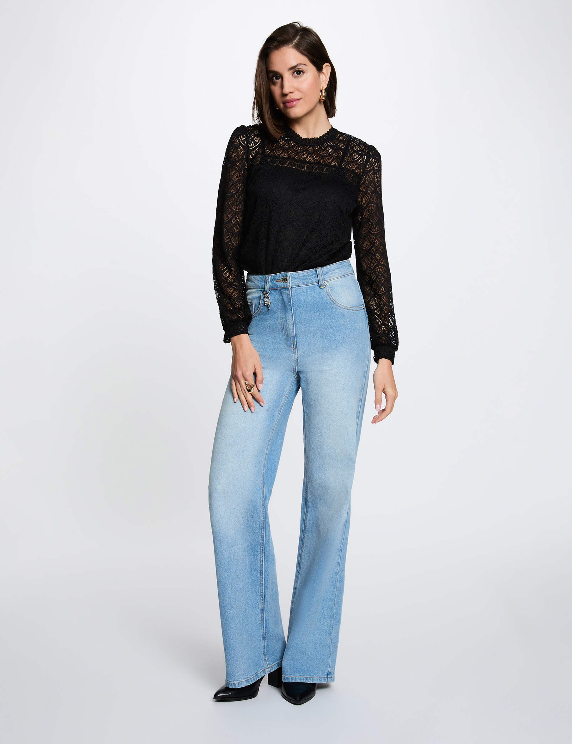 Camiseta de encaje manga larga negro mujer
