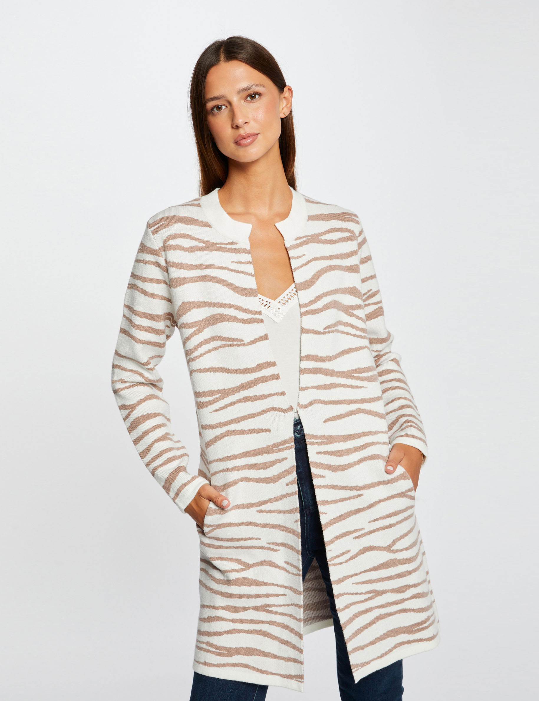 cardigan largo estampado de cebra crudo mujer Cárdigan largo estampado de cebra crudo mujer